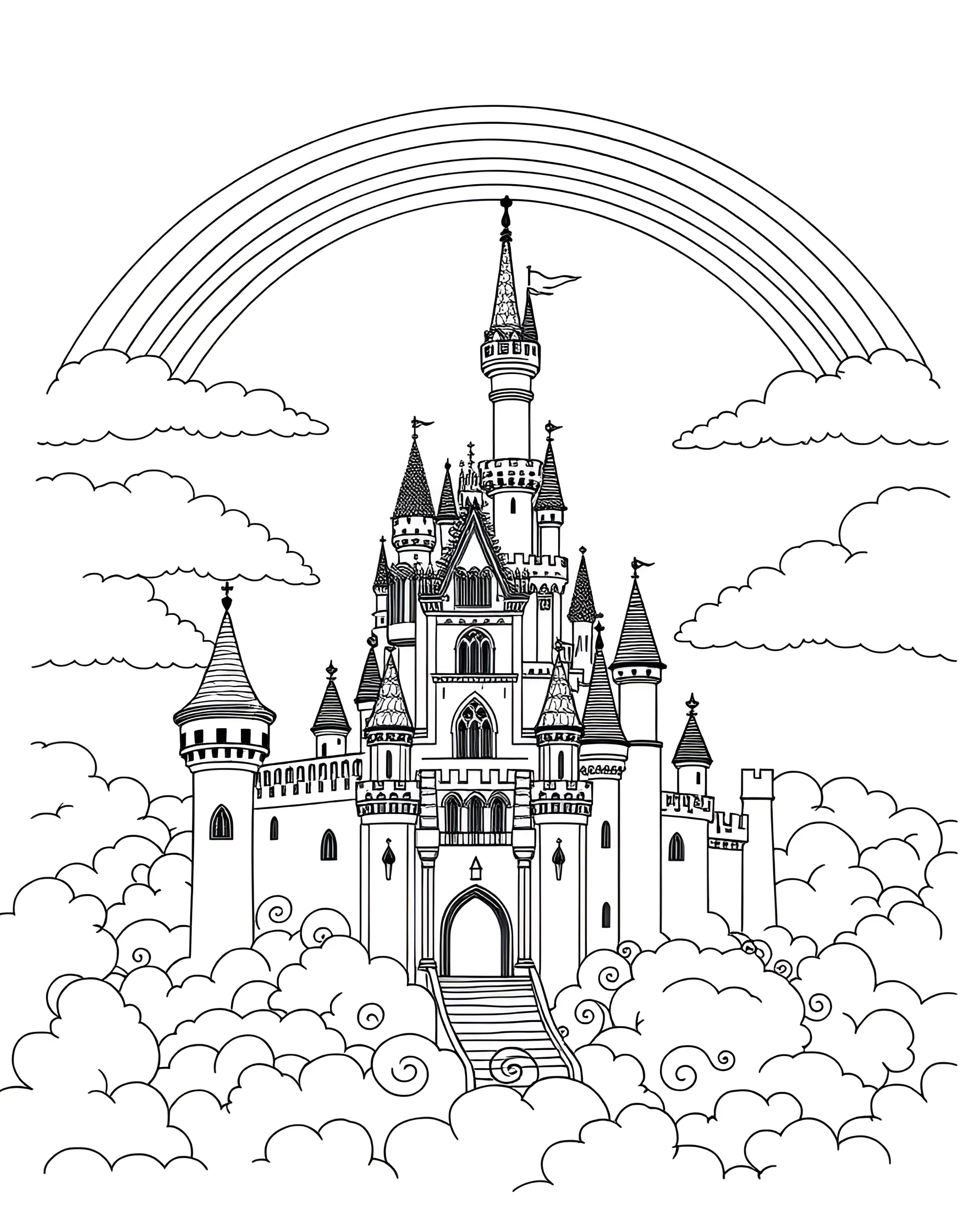 Princess Castle in the Clouds Coloring Page -- prompt: "A fairy-tale princess castle floating on clouds with a rainbow arching overhead." -- Perched high among fluffy clouds, this coloring page showcases a majestic princess castle with tall spires and waving flags. A rainbow arches over the castle, adding a touch of magic to the scene. Girls will love adding vibrant colors to this dreamy, fairy-tale inspired illustration that sparks imagination and brings royal dreams to life.