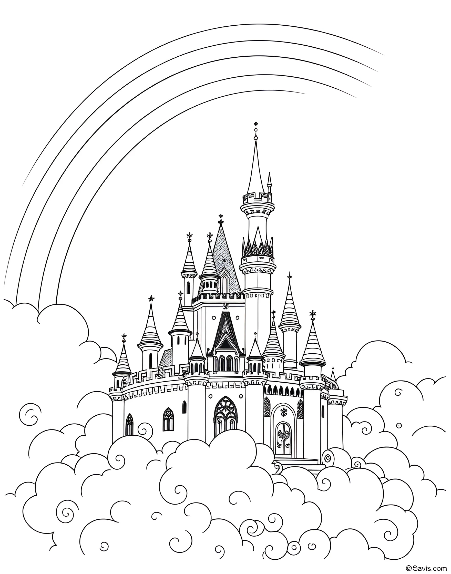 Princess Castle in the Clouds Coloring Page -- prompt: "A fairy-tale princess castle floating on clouds with a rainbow arching overhead." -- Perched high among fluffy clouds, this coloring page showcases a majestic princess castle with tall spires and waving flags. A rainbow arches over the castle, adding a touch of magic to the scene. Girls will love adding vibrant colors to this dreamy, fairy-tale inspired illustration that sparks imagination and brings royal dreams to life.