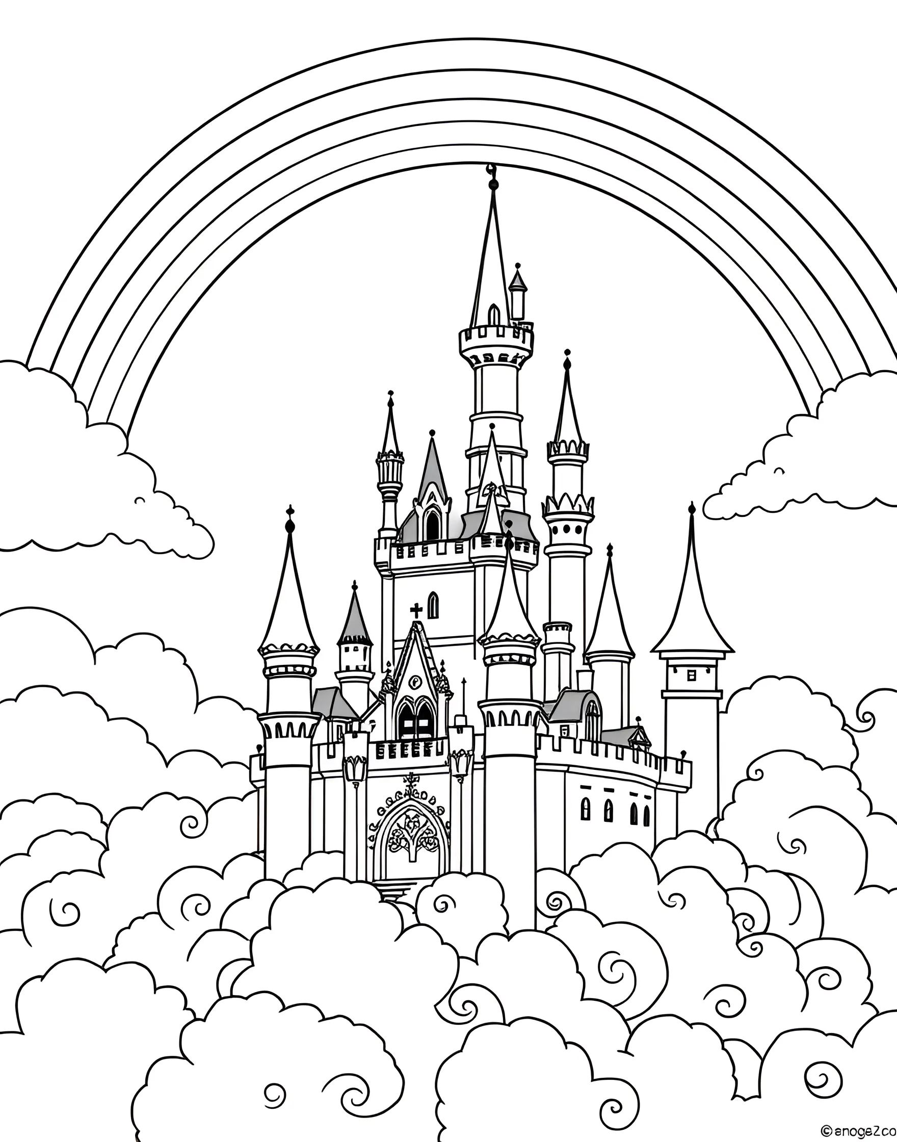 Princess Castle in the Clouds Coloring Page -- prompt: "A fairy-tale princess castle floating on clouds with a rainbow arching overhead." -- Perched high among fluffy clouds, this coloring page showcases a majestic princess castle with tall spires and waving flags. A rainbow arches over the castle, adding a touch of magic to the scene. Girls will love adding vibrant colors to this dreamy, fairy-tale inspired illustration that sparks imagination and brings royal dreams to life.