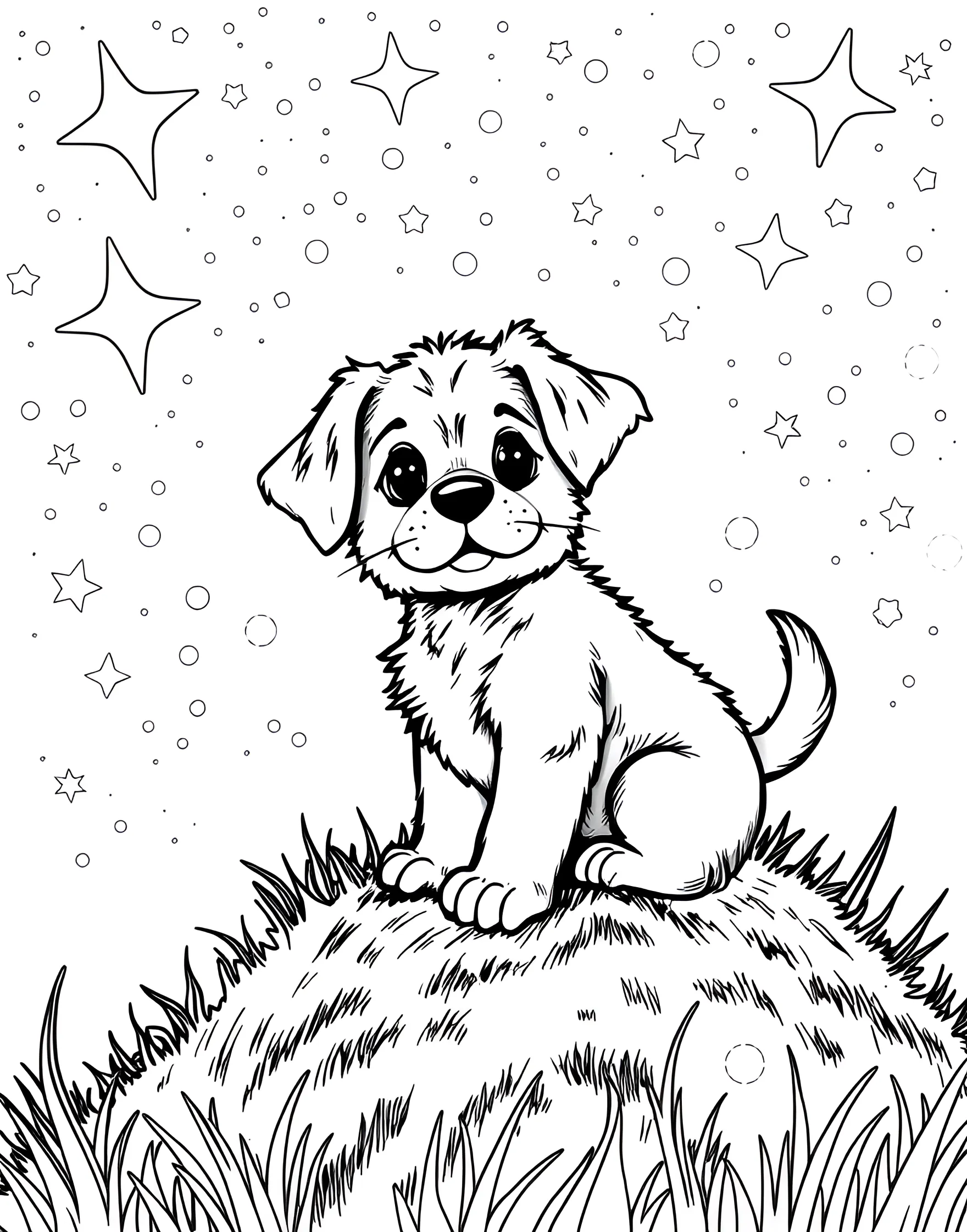 Puppy's Stargazing Night Coloring Page -- prompt: "A puppy sitting on a grassy hill at night, looking up at a sky full of stars and surrounded by fireflies." -- This dreamy coloring page features a puppy gazing up at a star-filled night sky. The pup is sitting on a hill, surrounded by fireflies and with a crescent moon overhead. It's a serene and magical scene that invites colorists to explore a calm nighttime palette.