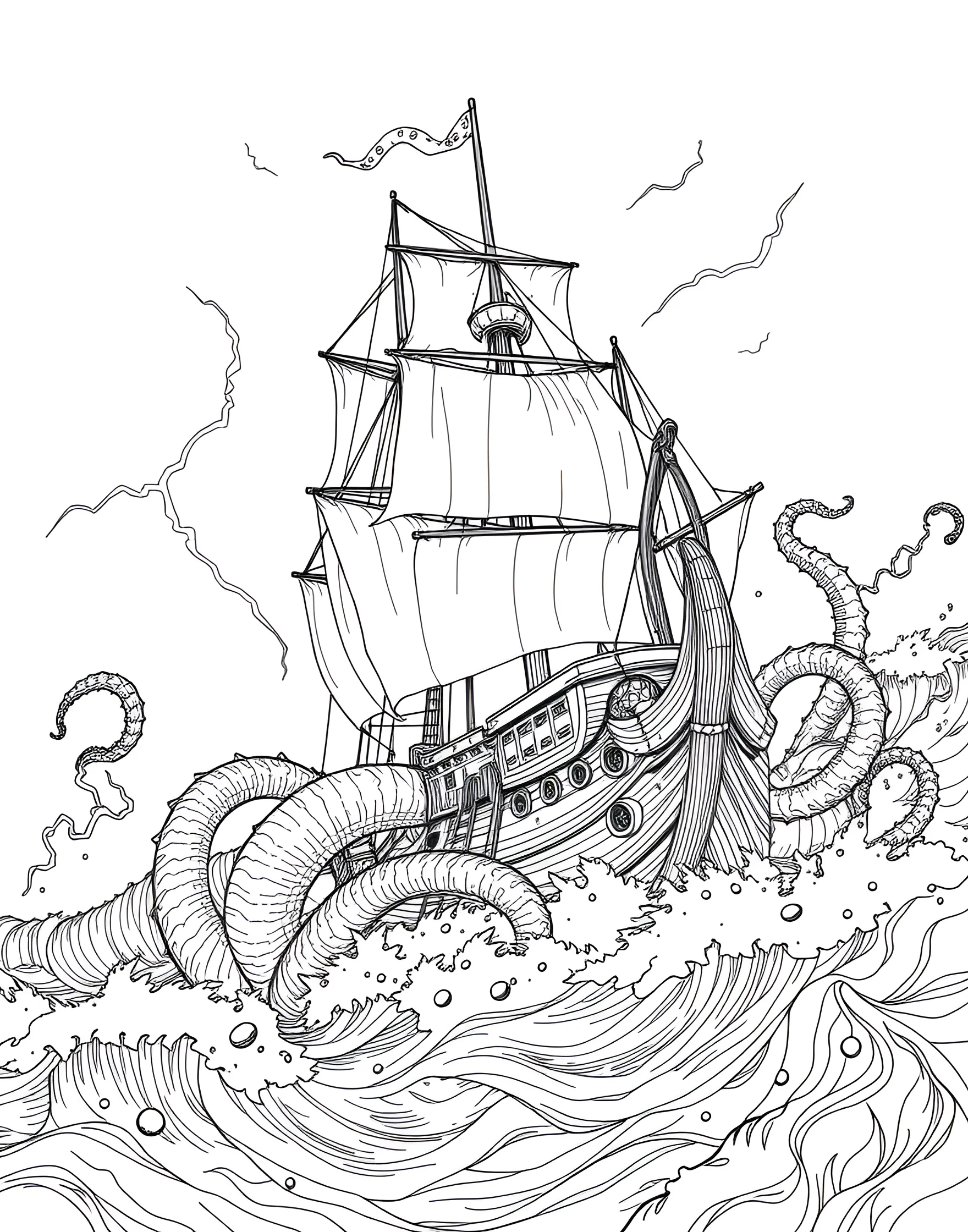 Kraken Attacking Pirate Ship Coloring Page -- prompt: "A giant kraken with tentacles wrapped around a pirate ship in stormy seas." -- Experience the terror of the seas with this dramatic kraken attack coloring page. The giant tentacles wrapping around a struggling pirate ship create an exciting and dynamic scene. This page is perfect for those who love mythical creatures and high-stakes adventures.