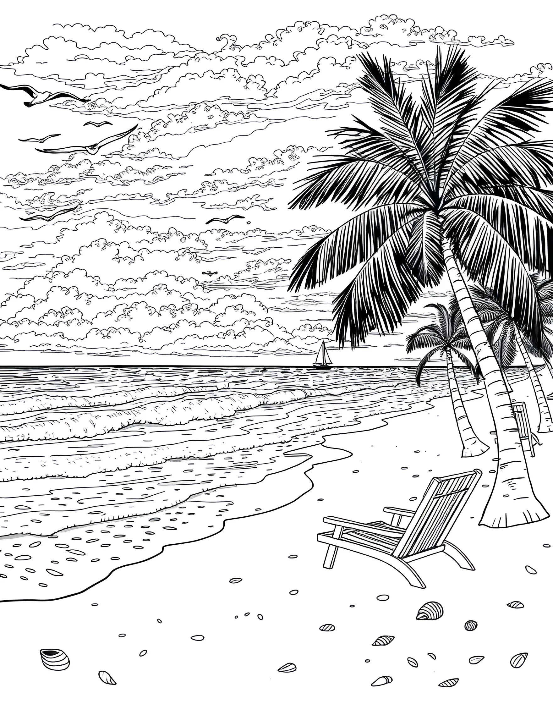 Serene Sunset Beach Coloring Page -- prompt: "A tranquil beach at sunset with waves, seabirds, and palm trees silhouetted against the sky." -- Capture the tranquil beauty of a beach at sunset with this calming coloring page. The scene depicts a peaceful shoreline with gentle waves lapping at the sand, silhouettes of seabirds flying across the sky, and a magnificent sun dipping below the horizon. Palm trees sway gently in the background, adding to the tropical ambiance.