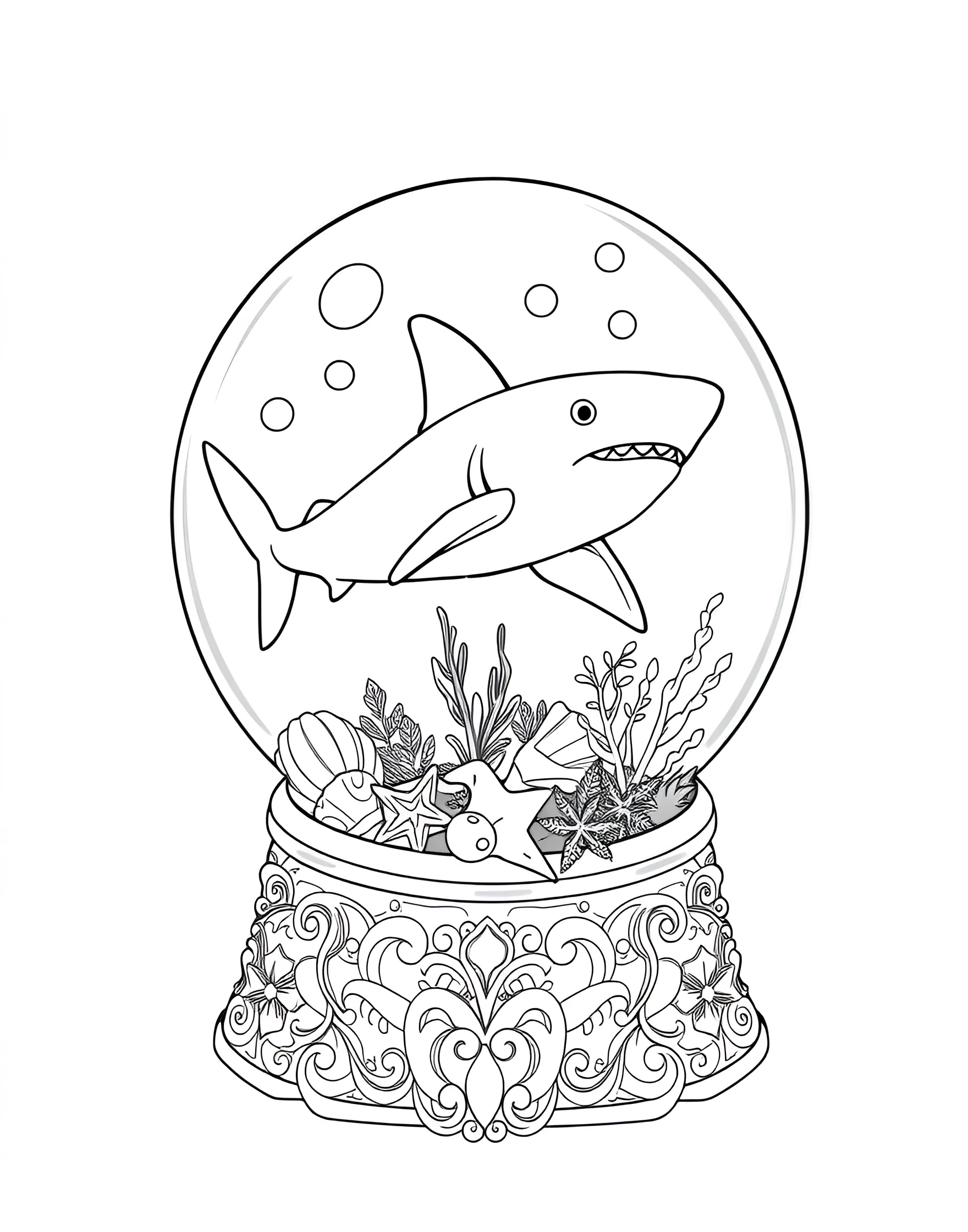 Shark in a Snow Globe Coloring Page -- prompt: "A shark swimming inside a decorative snow globe, with marine elements like seashells and starfish around the base." -- Imagine a whimsical world where sharks swim in snow globes with this fun and creative coloring page. The design shows a shark inside a decorative snow globe, surrounded by marine-themed elements. It's a unique way to combine winter and ocean themes in one delightful coloring experience.