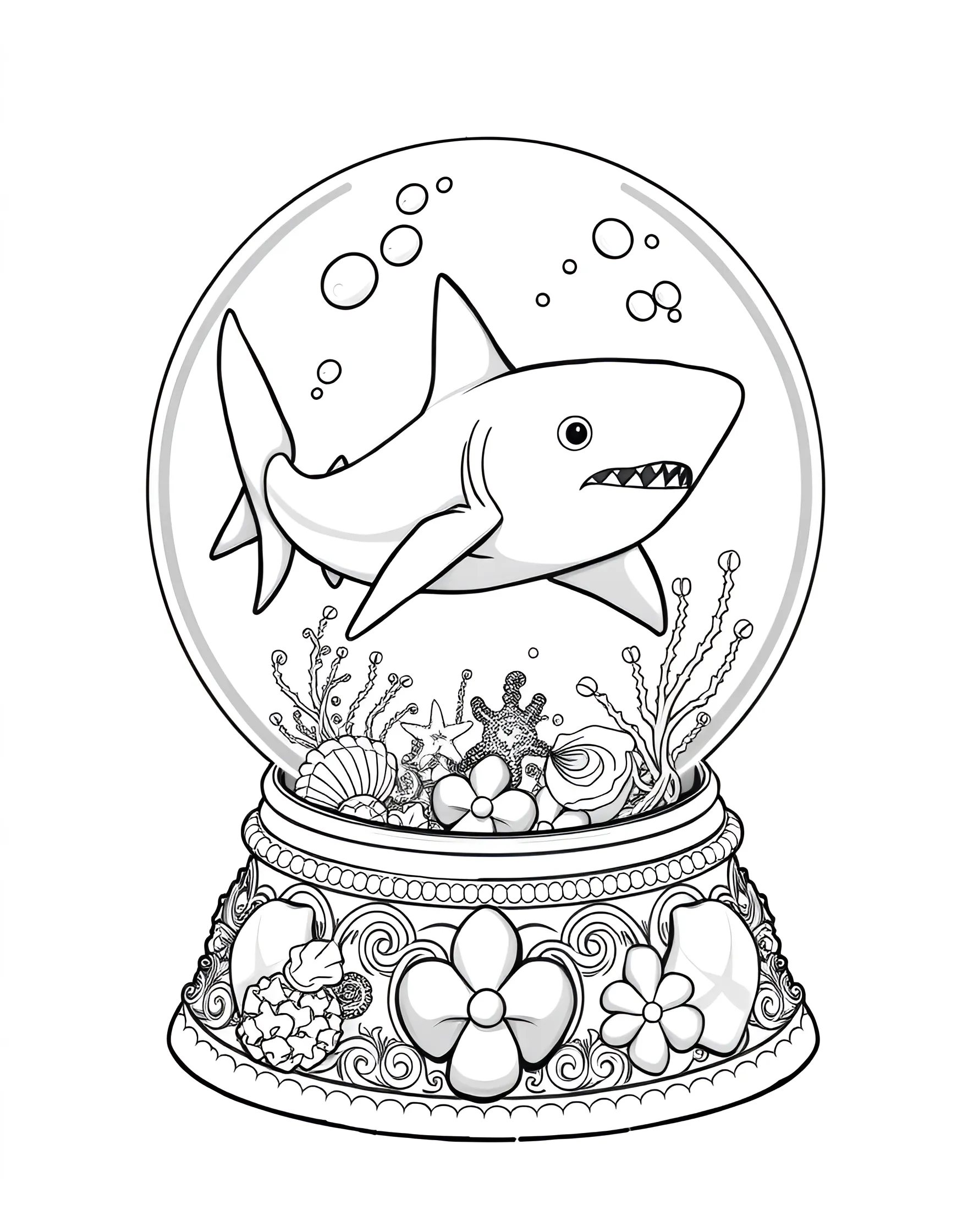 Shark in a Snow Globe Coloring Page -- prompt: "A shark swimming inside a decorative snow globe, with marine elements like seashells and starfish around the base." -- Imagine a whimsical world where sharks swim in snow globes with this fun and creative coloring page. The design shows a shark inside a decorative snow globe, surrounded by marine-themed elements. It's a unique way to combine winter and ocean themes in one delightful coloring experience.