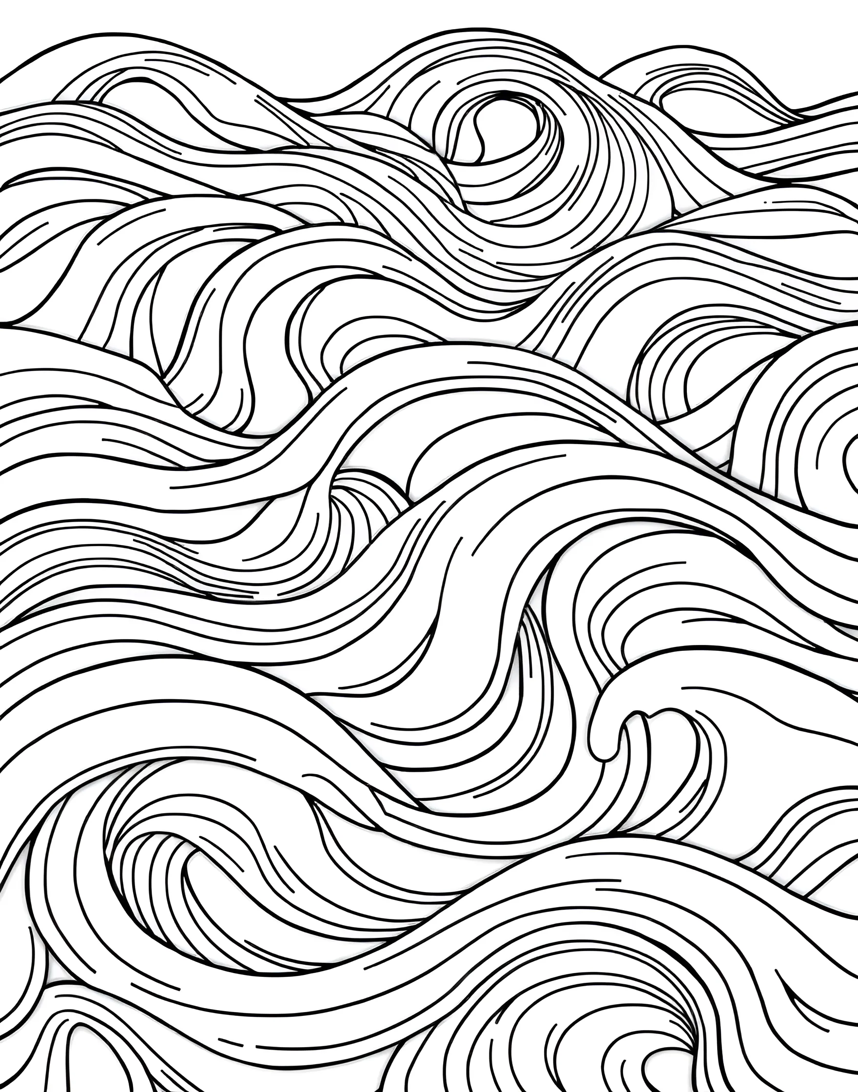 Rainbow Wave Pattern Coloring Page -- prompt: "A series of undulating lines forming wave patterns arranged for rainbow coloring." -- Ride the waves of color with this mesmerizing rainbow wave pattern coloring page. The page features undulating lines forming a series of waves, each ready to be filled with rainbow hues. This rhythmic design offers a soothing yet engaging coloring experience, perfect for creating a sense of motion and flow.