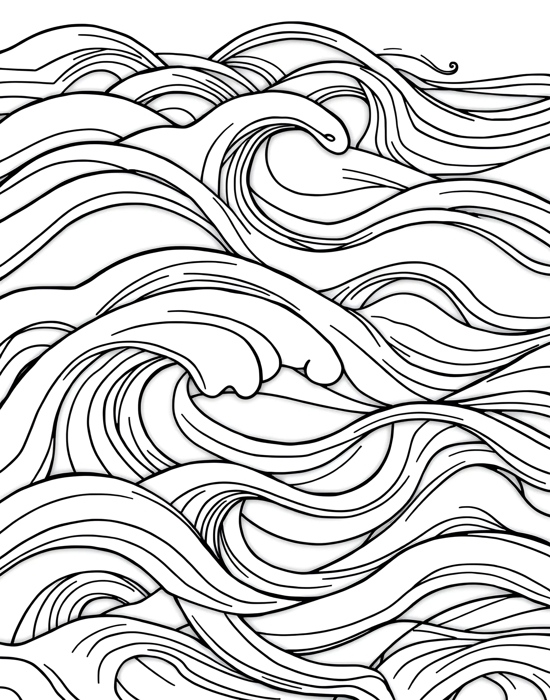 Rainbow Wave Pattern Coloring Page -- prompt: "A series of undulating lines forming wave patterns arranged for rainbow coloring." -- Ride the waves of color with this mesmerizing rainbow wave pattern coloring page. The page features undulating lines forming a series of waves, each ready to be filled with rainbow hues. This rhythmic design offers a soothing yet engaging coloring experience, perfect for creating a sense of motion and flow.