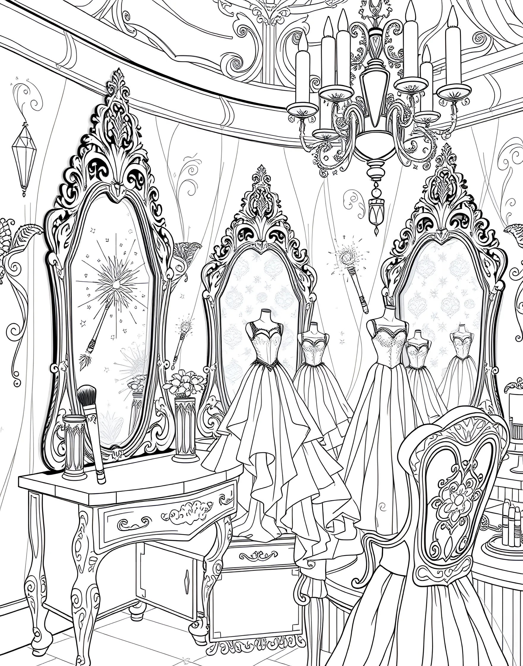 Fairy Godmother's Magical Makeover Studio Coloring Page -- prompt: "A fairy godmother's makeover studio with magical wands, floating makeup brushes, and transforming dresses." -- Step into a world of enchanted beauty with this magical coloring page showcasing a fairy godmother's makeover studio. Wands sparkle as they transform frumpy dresses into ball gowns, messy hair into elegant updos, and ordinary shoes into glass slippers. Magical mirrors and floating makeup brushes add to the wonder of this fairy tale-inspired beauty parlor.