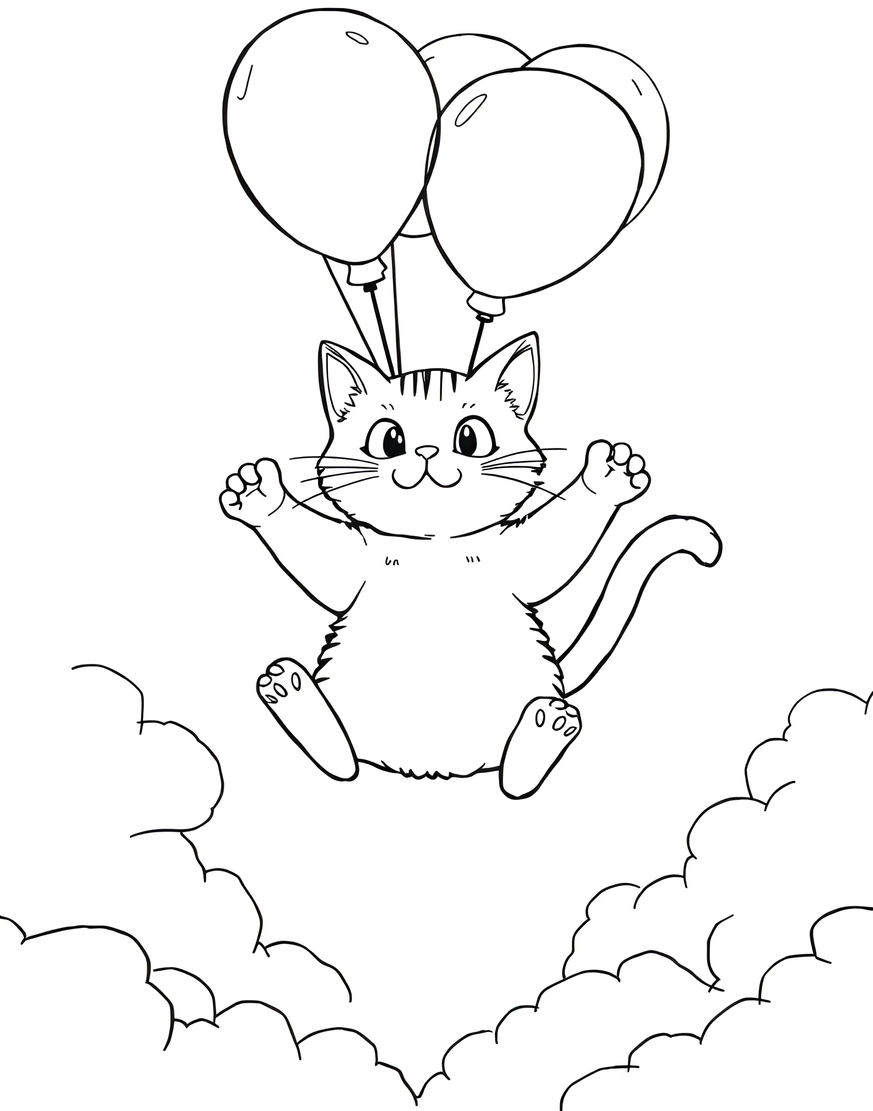 Cat Floating with Balloons Coloring Page -- prompt: "A cat floating in the air, held up by a cluster of balloons tied to its waist." -- This fanciful coloring page depicts a cat gently floating, held aloft by a bunch of balloons. The cat's surprised expression and the colorful balloons create a dreamy, uplifting scene. It's perfect for those who enjoy adding a touch of whimsy to their coloring.