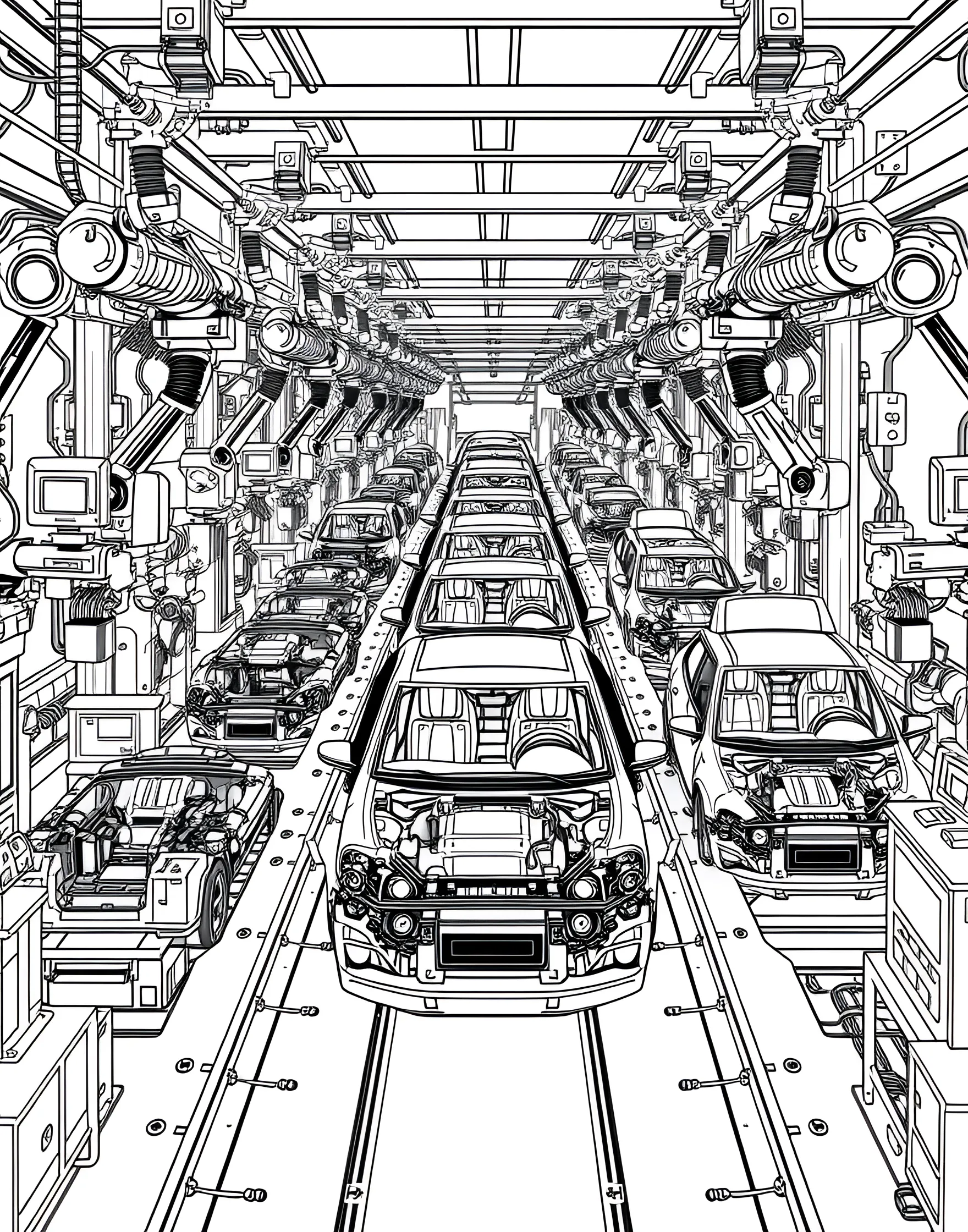 Robotic Car Assembly Line Coloring Page -- prompt: "A car assembly line with robotic arms building vehicles at different stages of production." -- Explore the world of automotive manufacturing with this fascinating coloring page showcasing a robotic car assembly line. The page features various stages of car production, with robotic arms working on vehicle frames and components. It's an educational and engaging choice for young minds curious about how cars are made.