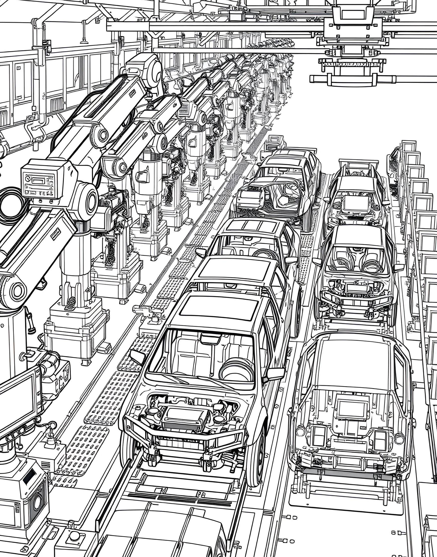 Robotic Car Assembly Line Coloring Page -- prompt: "A car assembly line with robotic arms building vehicles at different stages of production." -- Explore the world of automotive manufacturing with this fascinating coloring page showcasing a robotic car assembly line. The page features various stages of car production, with robotic arms working on vehicle frames and components. It's an educational and engaging choice for young minds curious about how cars are made.