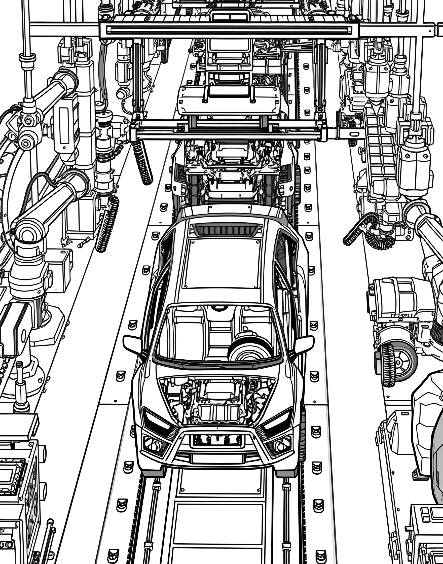 Robotic Car Assembly Line Coloring Page -- prompt: "A car assembly line with robotic arms building vehicles at different stages of production." -- Explore the world of automotive manufacturing with this fascinating coloring page showcasing a robotic car assembly line. The page features various stages of car production, with robotic arms working on vehicle frames and components. It's an educational and engaging choice for young minds curious about how cars are made.