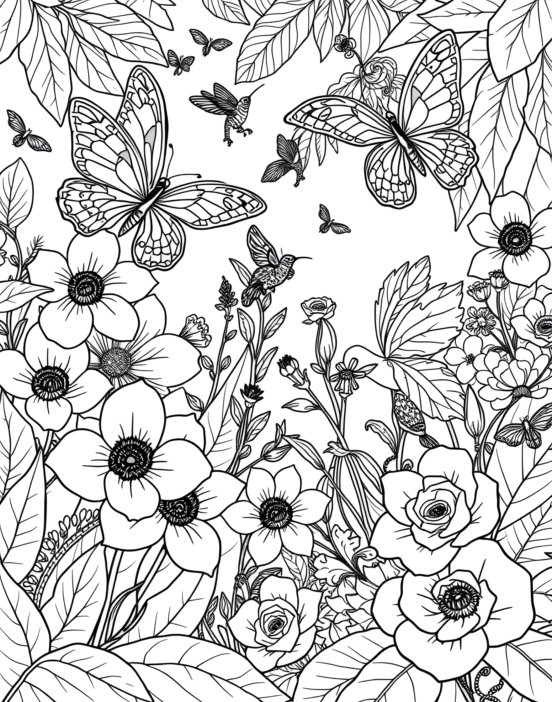 Intricate Butterfly Garden Coloring Page -- prompt: "A detailed garden scene with intricately patterned butterflies and flowers, creating a complex and beautiful composition for adult coloring." -- Lose yourself in the delicate beauty of this butterfly garden coloring page. Graceful butterflies with elaborately patterned wings flutter among equally detailed flowers and foliage. This design offers a perfect balance of fine details and larger areas, suitable for various coloring techniques.