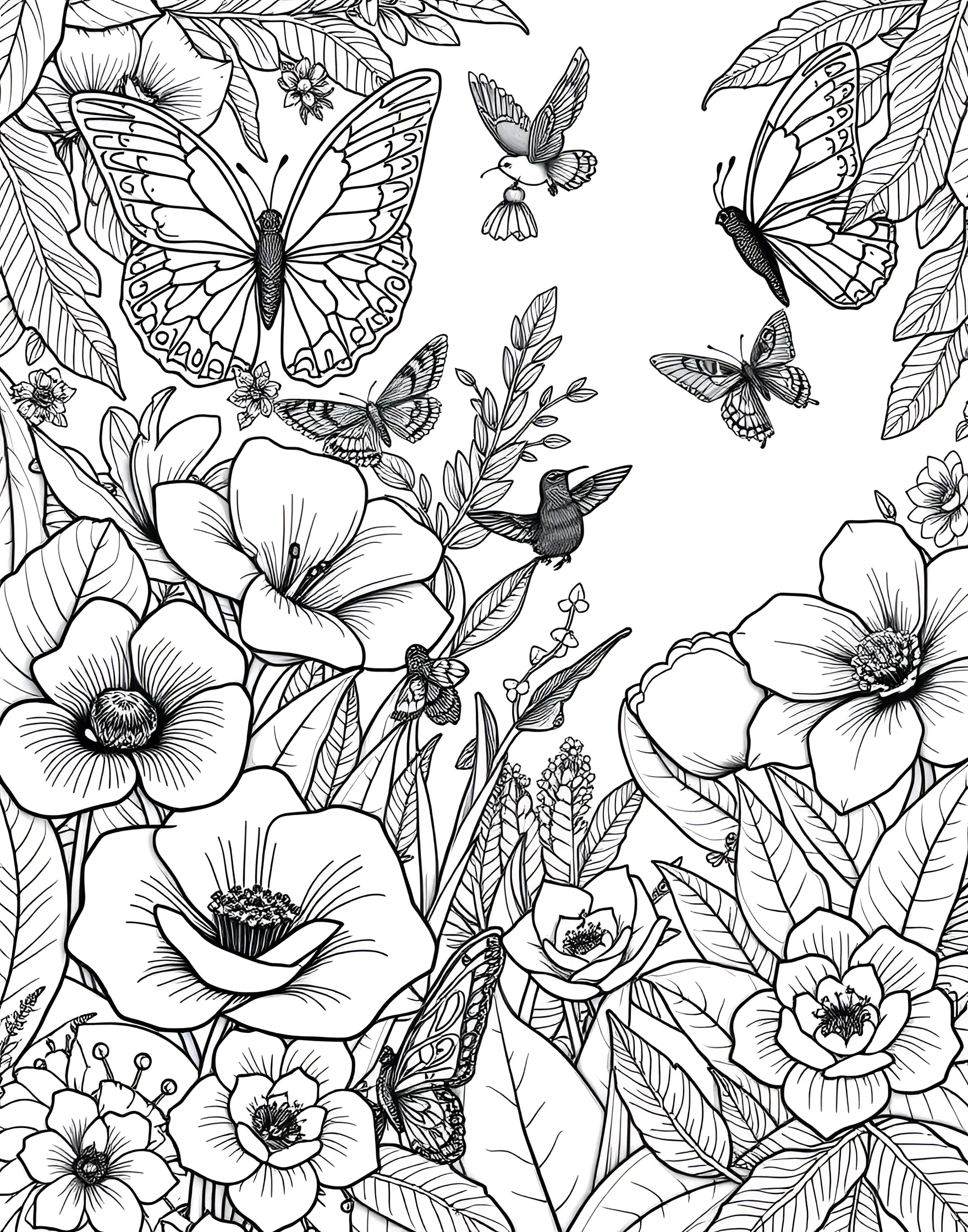 Intricate Butterfly Garden Coloring Page -- prompt: "A detailed garden scene with intricately patterned butterflies and flowers, creating a complex and beautiful composition for adult coloring." -- Lose yourself in the delicate beauty of this butterfly garden coloring page. Graceful butterflies with elaborately patterned wings flutter among equally detailed flowers and foliage. This design offers a perfect balance of fine details and larger areas, suitable for various coloring techniques.