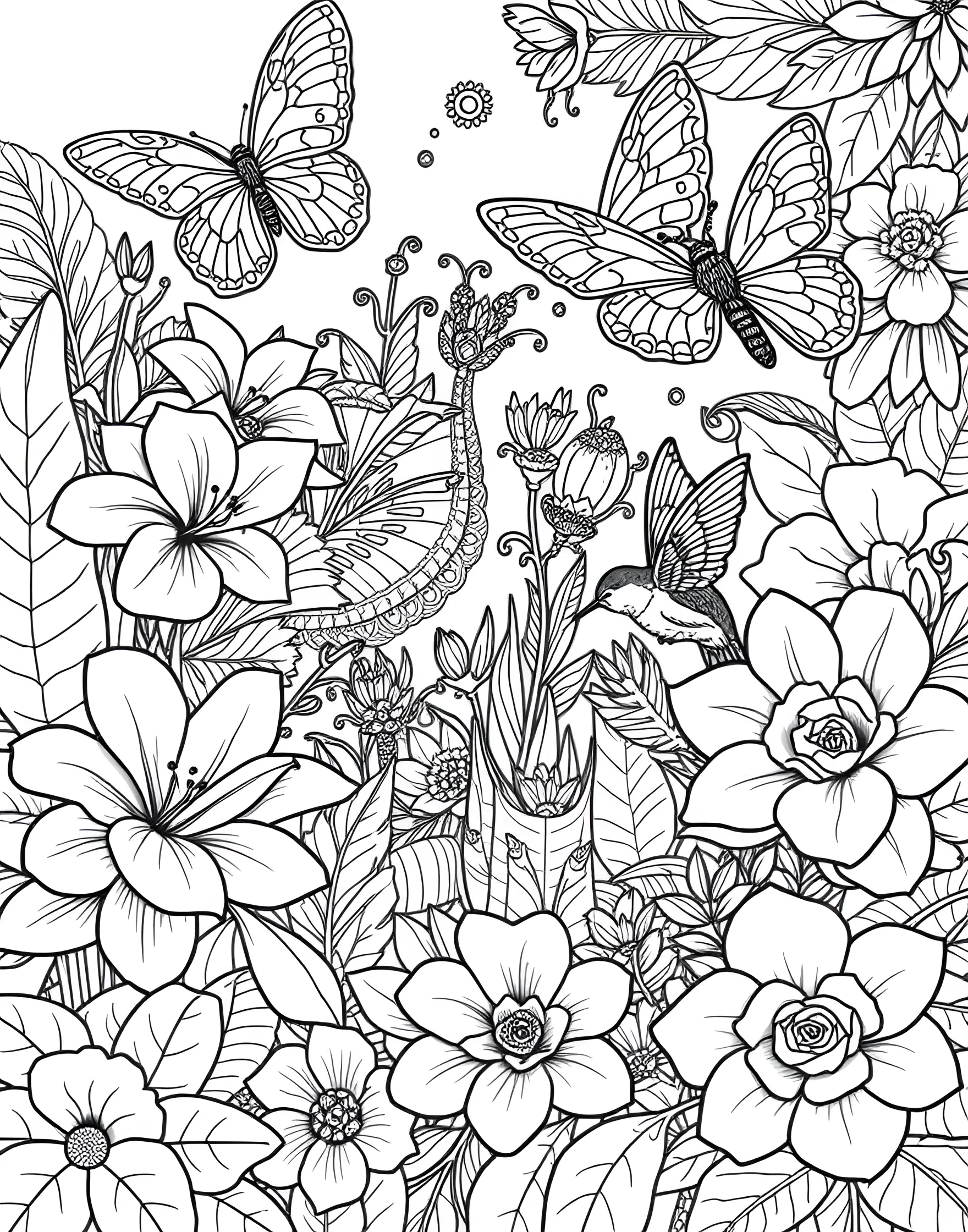 Intricate Butterfly Garden Coloring Page -- prompt: "A detailed garden scene with intricately patterned butterflies and flowers, creating a complex and beautiful composition for adult coloring." -- Lose yourself in the delicate beauty of this butterfly garden coloring page. Graceful butterflies with elaborately patterned wings flutter among equally detailed flowers and foliage. This design offers a perfect balance of fine details and larger areas, suitable for various coloring techniques.