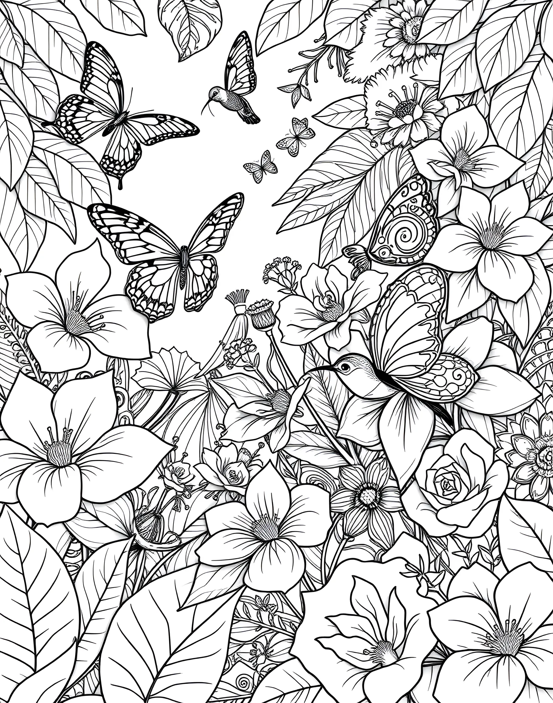 Intricate Butterfly Garden Coloring Page -- prompt: "A detailed garden scene with intricately patterned butterflies and flowers, creating a complex and beautiful composition for adult coloring." -- Lose yourself in the delicate beauty of this butterfly garden coloring page. Graceful butterflies with elaborately patterned wings flutter among equally detailed flowers and foliage. This design offers a perfect balance of fine details and larger areas, suitable for various coloring techniques.