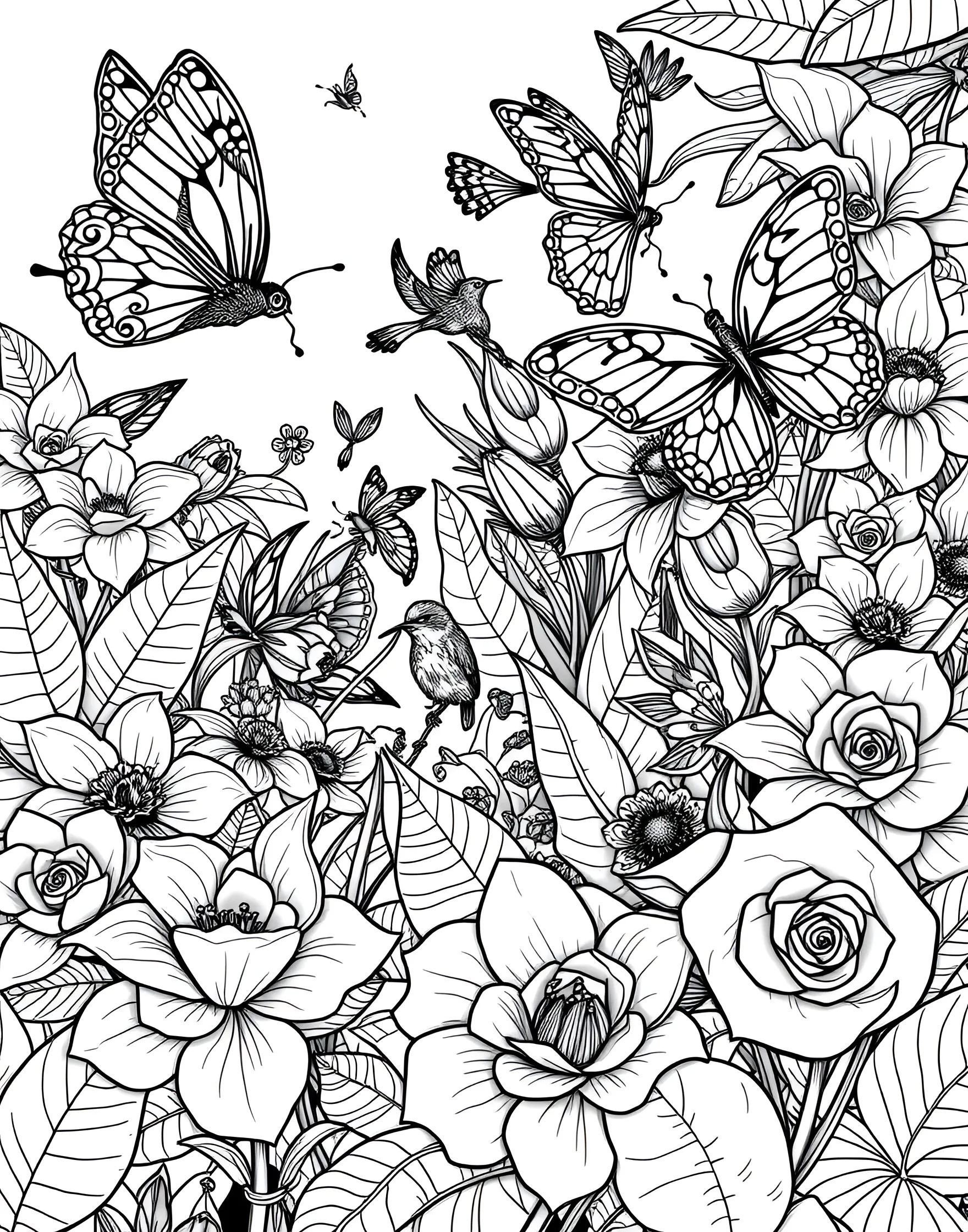 Intricate Butterfly Garden Coloring Page -- prompt: "A detailed garden scene with intricately patterned butterflies and flowers, creating a complex and beautiful composition for adult coloring." -- Lose yourself in the delicate beauty of this butterfly garden coloring page. Graceful butterflies with elaborately patterned wings flutter among equally detailed flowers and foliage. This design offers a perfect balance of fine details and larger areas, suitable for various coloring techniques.