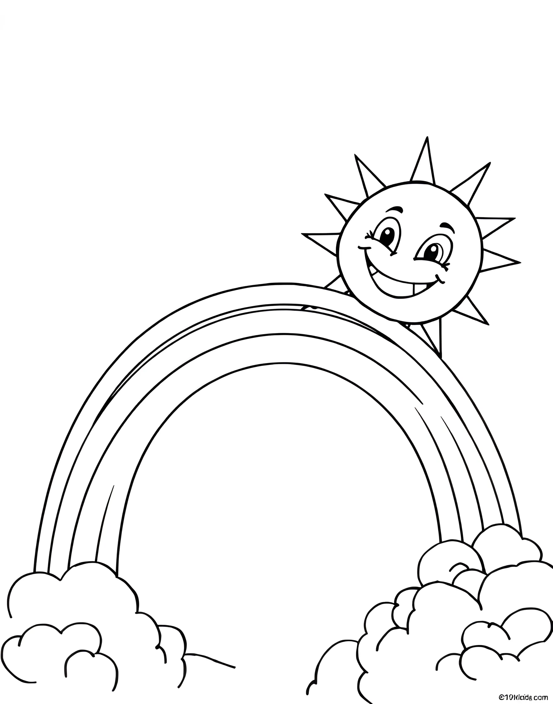 Smiling Rainbow and Sun Friends Coloring Page -- prompt: "A smiling rainbow arching next to a happy sun with facial features against a clear sky." -- Bring a smile to your face with this adorable coloring page featuring a cheerful rainbow and sun as best friends. The rainbow arches playfully next to a beaming sun, both sporting cute facial expressions. This page is perfect for younger children, offering simple shapes and a heartwarming scene to color.