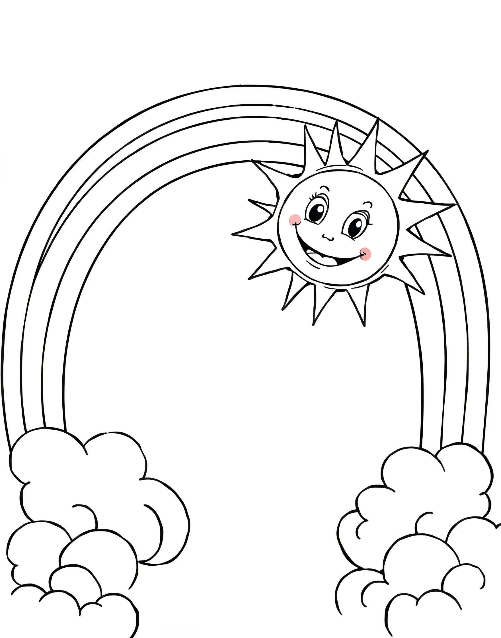 Smiling Rainbow and Sun Friends Coloring Page -- prompt: "A smiling rainbow arching next to a happy sun with facial features against a clear sky." -- Bring a smile to your face with this adorable coloring page featuring a cheerful rainbow and sun as best friends. The rainbow arches playfully next to a beaming sun, both sporting cute facial expressions. This page is perfect for younger children, offering simple shapes and a heartwarming scene to color.