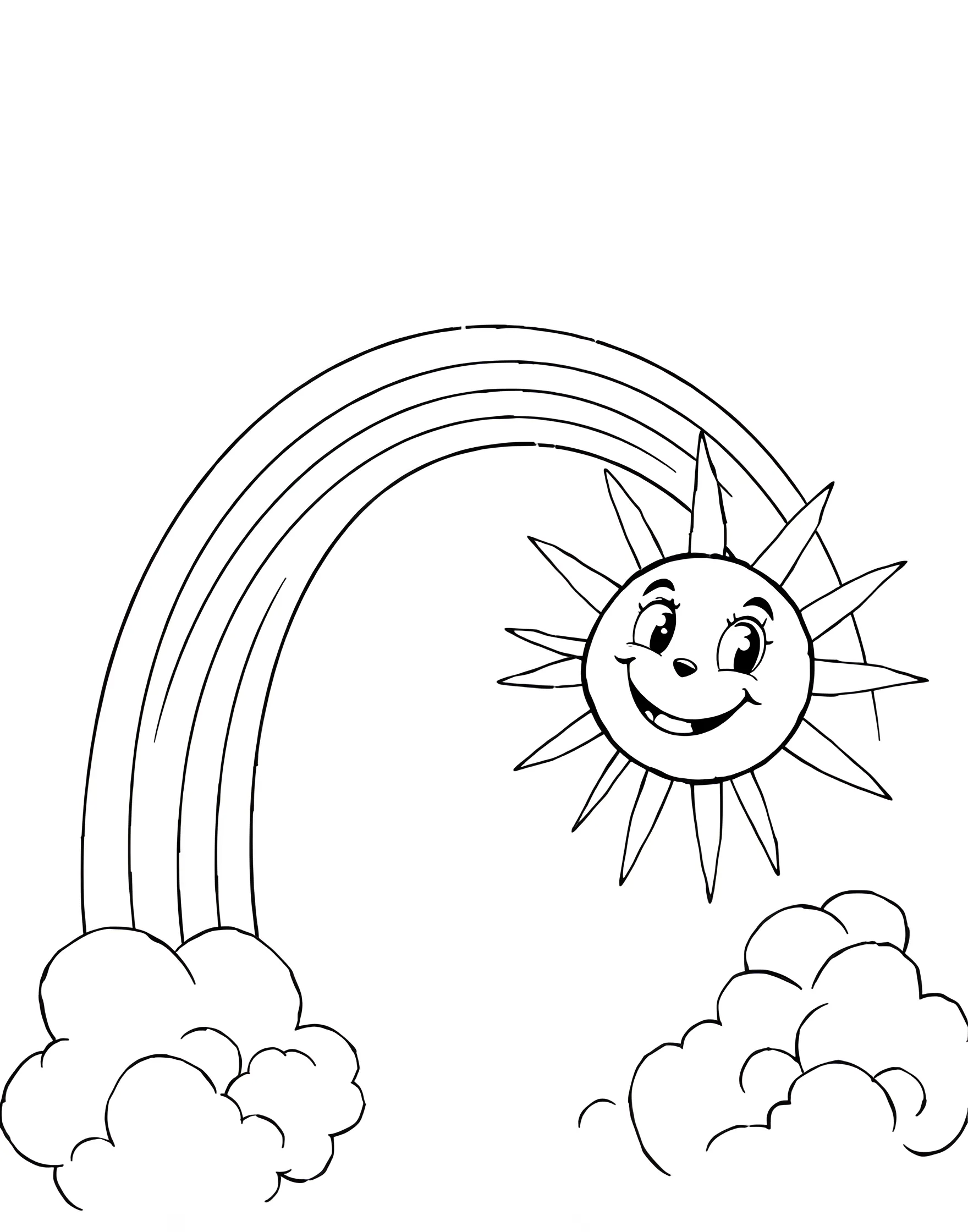 Smiling Rainbow and Sun Friends Coloring Page -- prompt: "A smiling rainbow arching next to a happy sun with facial features against a clear sky." -- Bring a smile to your face with this adorable coloring page featuring a cheerful rainbow and sun as best friends. The rainbow arches playfully next to a beaming sun, both sporting cute facial expressions. This page is perfect for younger children, offering simple shapes and a heartwarming scene to color.