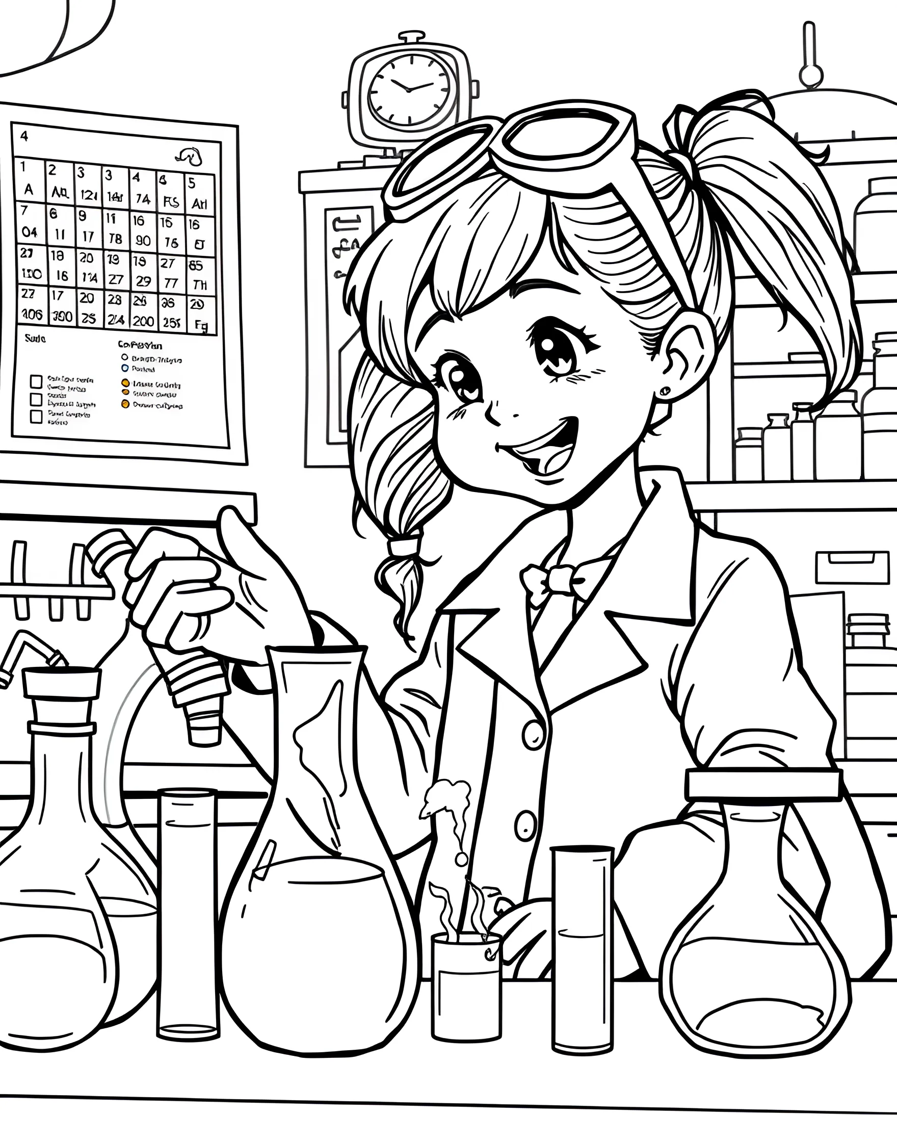 Girl Scientist in the Lab Coloring Page -- prompt: "A young girl scientist conducting an experiment in a colorful laboratory with various scientific equipment." -- This inspiring coloring page features a young girl scientist confidently working in her laboratory. She's wearing a lab coat and safety goggles, surrounded by beakers, test tubes, and a microscope. This page encourages girls to explore their interest in science and showcases that STEM fields are for everyone.