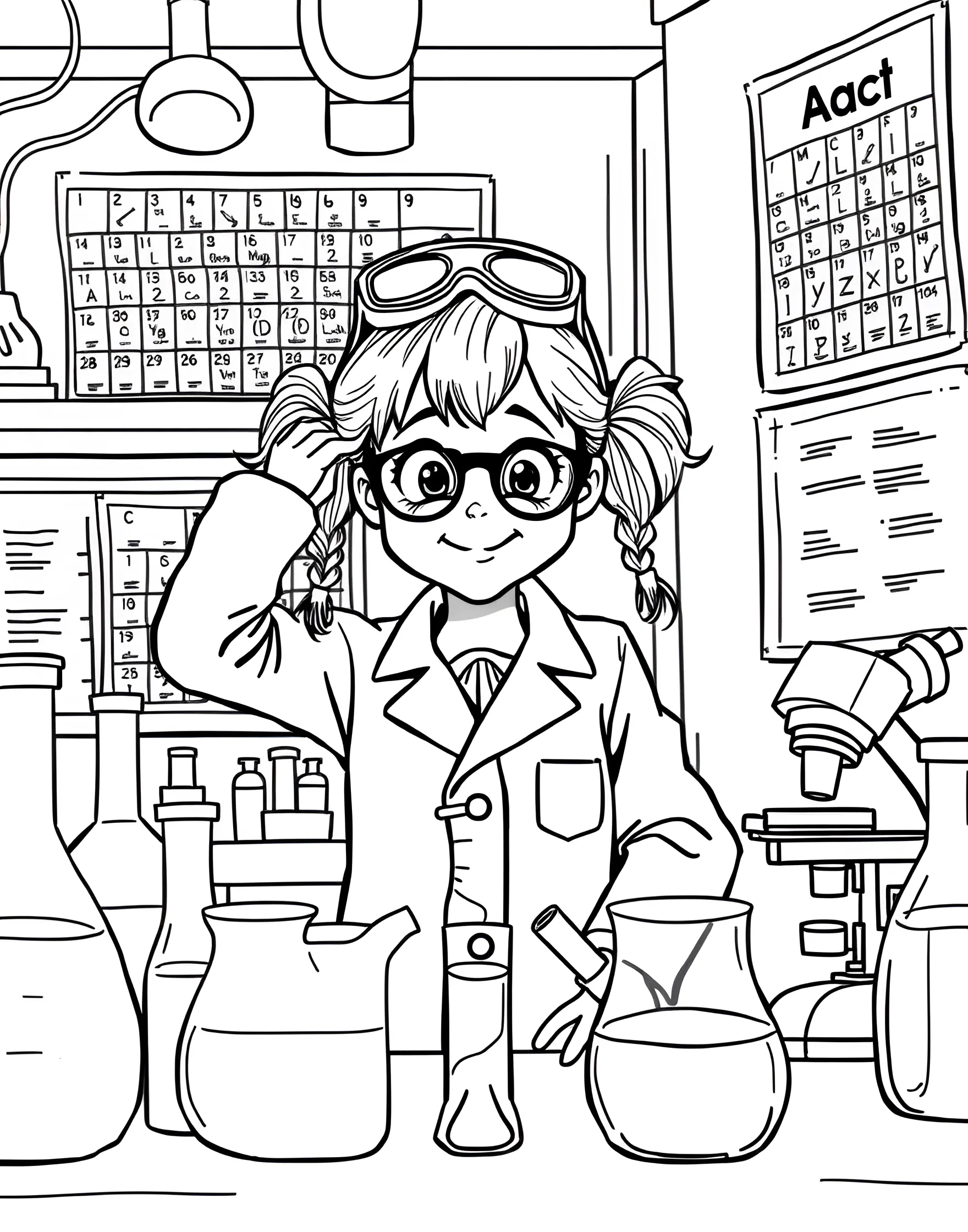 Girl Scientist in the Lab Coloring Page -- prompt: "A young girl scientist conducting an experiment in a colorful laboratory with various scientific equipment." -- This inspiring coloring page features a young girl scientist confidently working in her laboratory. She's wearing a lab coat and safety goggles, surrounded by beakers, test tubes, and a microscope. This page encourages girls to explore their interest in science and showcases that STEM fields are for everyone.