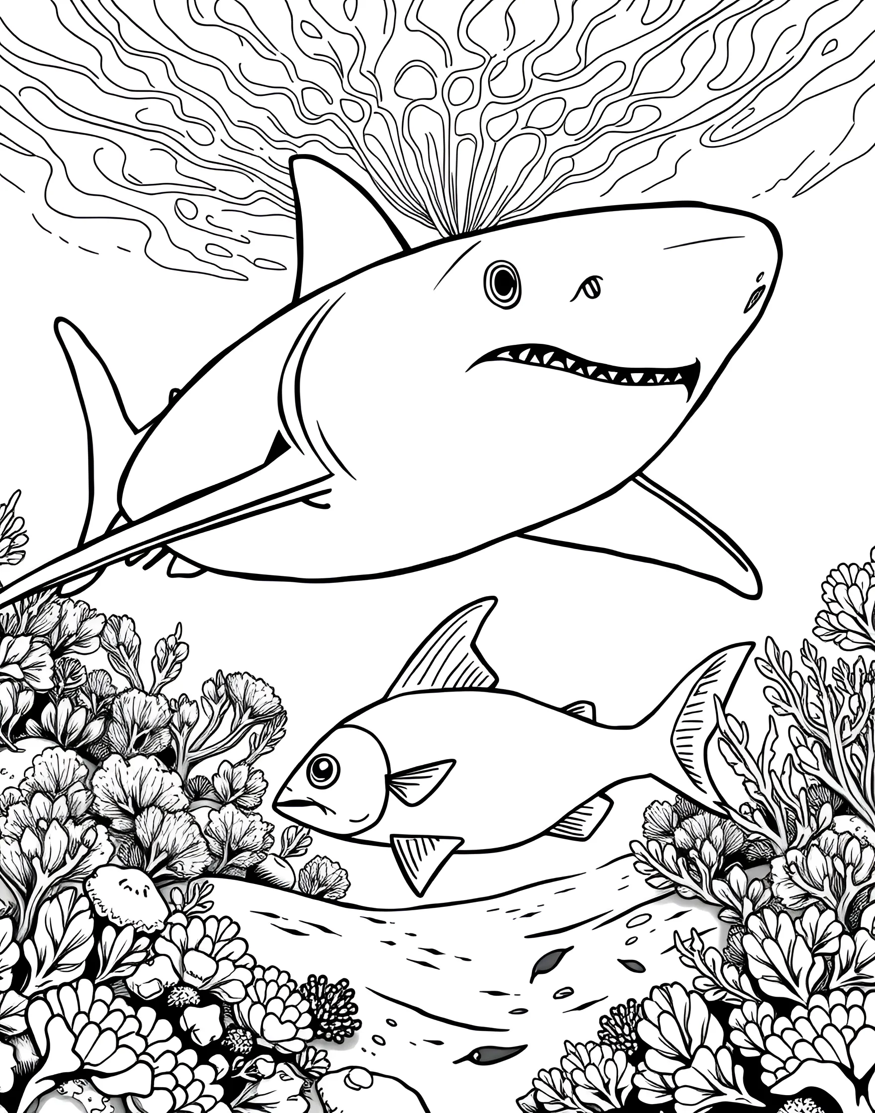 Shark's Electroreception Sense Coloring Page -- prompt: "A shark using its electroreception sense to detect a fish hidden under the ocean floor, with visible electric fields." -- Explore a shark's amazing ability to detect electrical impulses with this unique coloring page. The design illustrates a shark using its electroreceptors to locate prey hidden in the sand. It's a fascinating way to learn about shark senses while enjoying a coloring activity.