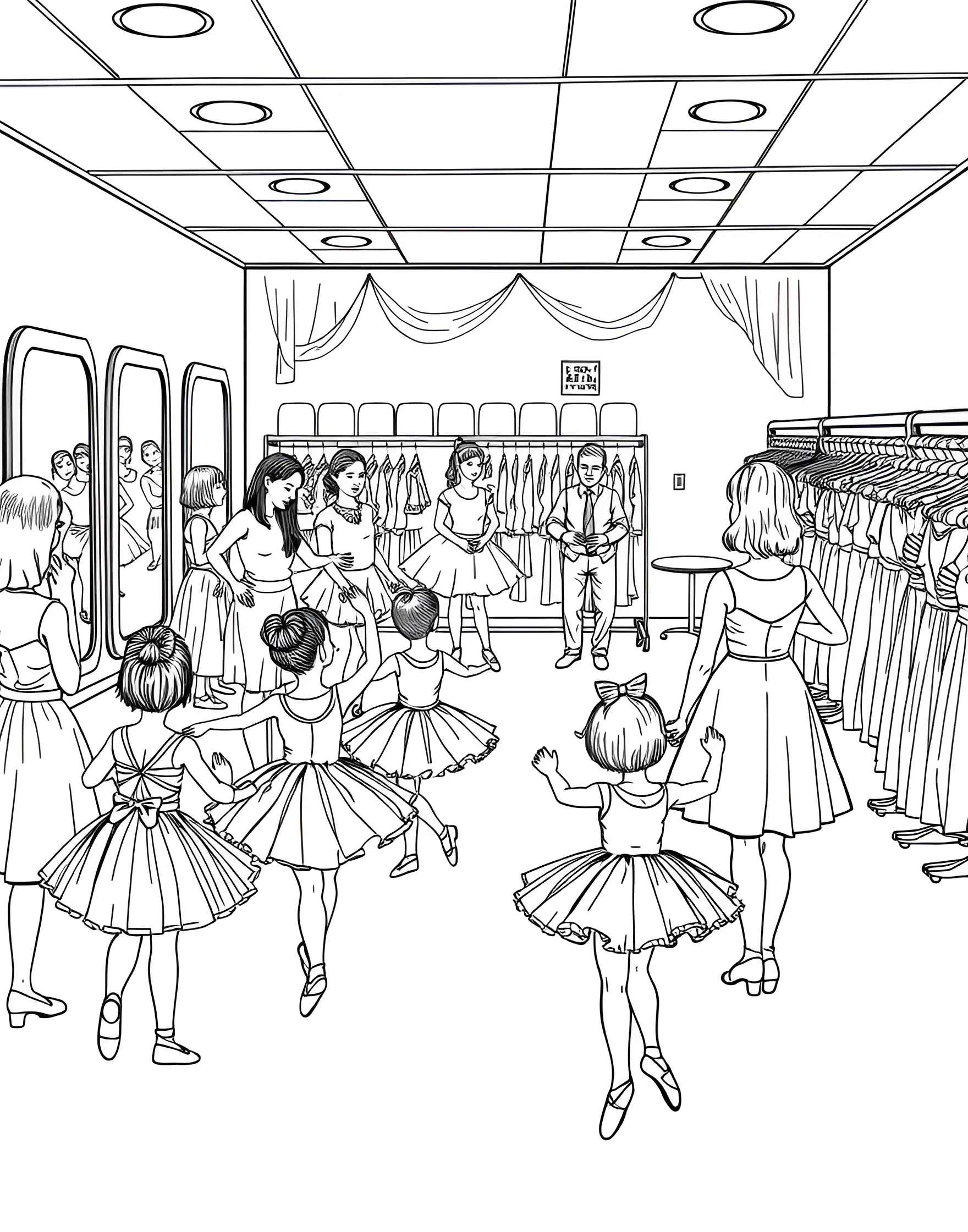 Ballet School Open Day Coloring Page -- prompt: "A lively scene of a ballet school open day, with visitors trying on costumes, attempting dance moves, and watching demonstrations." -- This bustling coloring page showcases a ballet school's open day. It features various stations where visitors can try on costumes, attempt basic positions, and watch demonstrations. This page offers a variety of ballet-related elements and excited characters to color.