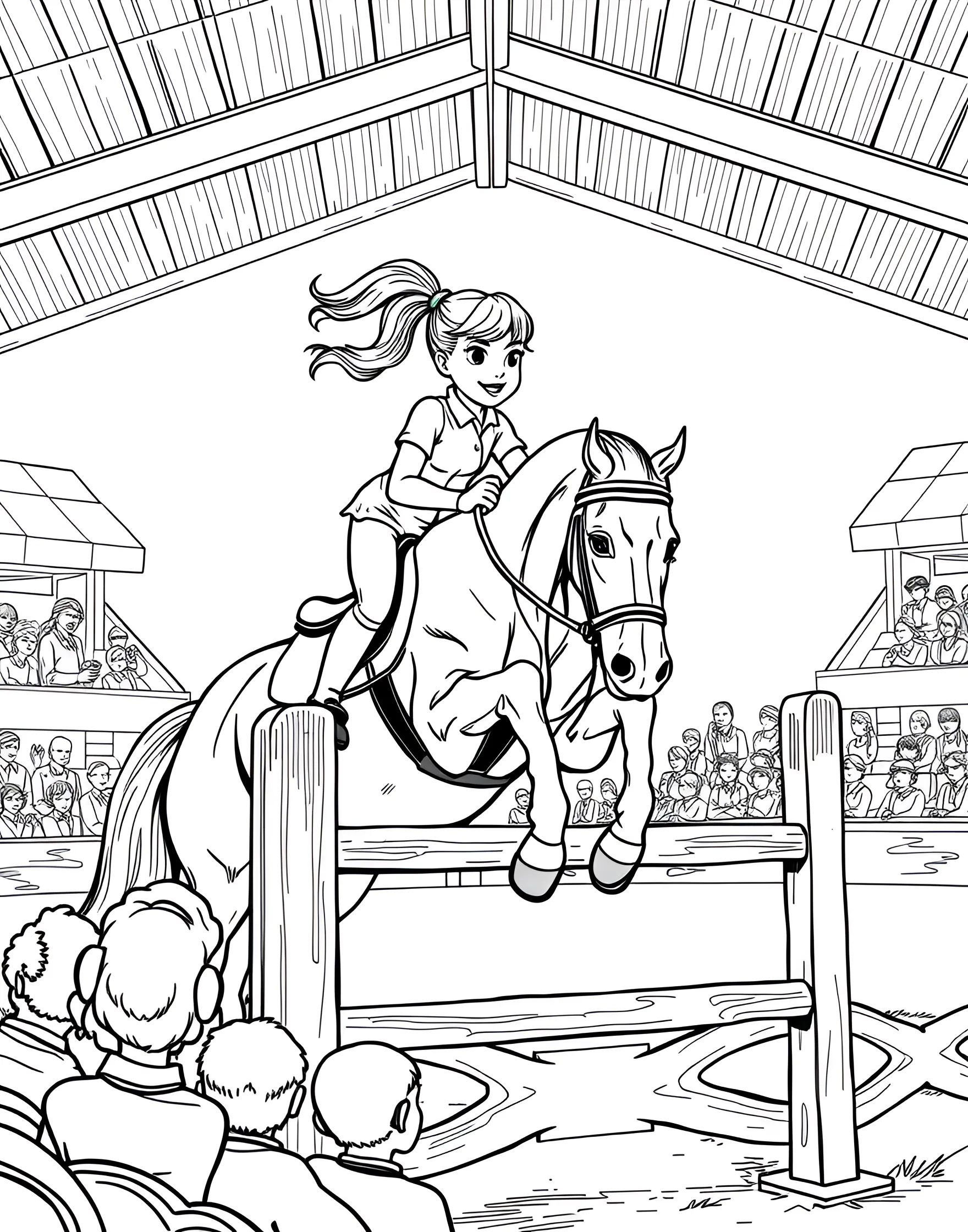 Horseback Rider Jumping Over Fence Coloring Page -- prompt: "A girl on horseback jumping over a fence in an equestrian arena." -- Capture the grace and skill of equestrianism with this dynamic coloring page. A young girl and her horse are shown mid-jump over a fence in a show jumping competition. The rider's determined expression, the horse's powerful stance, and the detailed equestrian setting provide exciting coloring opportunities.