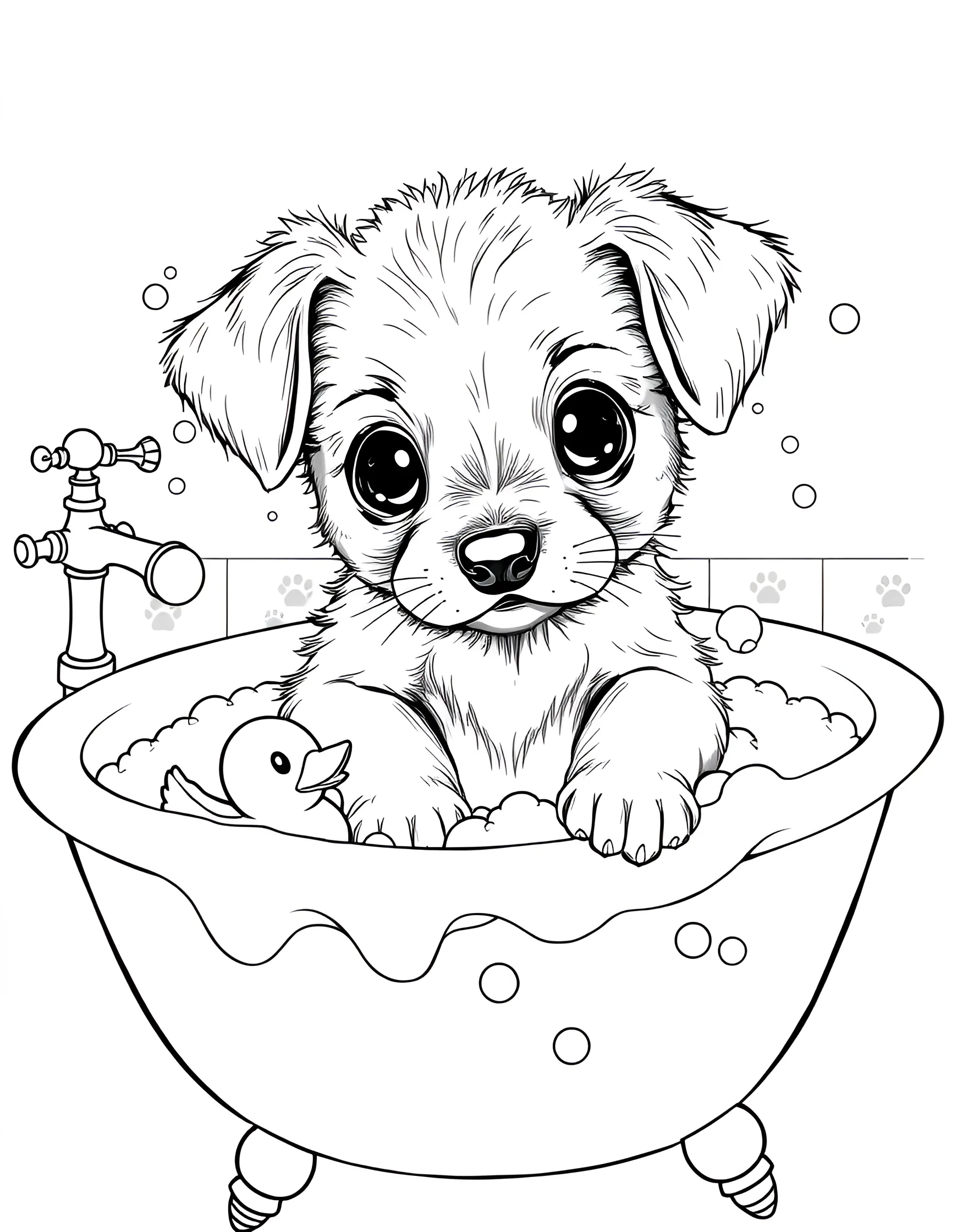 Puppy's Bath Time Adventure Coloring Page -- prompt: "A small puppy sitting in a bubble-filled bathtub with a rubber duck, looking slightly bewildered." -- This amusing coloring page depicts a mischievous puppy enjoying (or enduring) bath time. Surrounded by bubbles and armed with a rubber ducky, the pup's expression is a mix of surprise and delight. It's a fun scene that captures a common and often comical puppy experience.