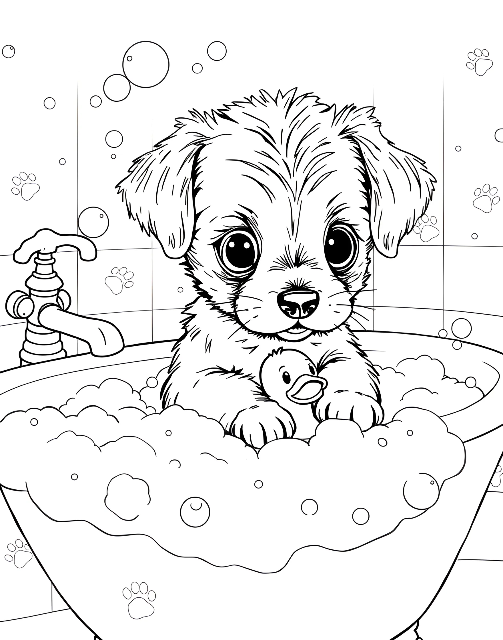 Puppy's Bath Time Adventure Coloring Page -- prompt: "A small puppy sitting in a bubble-filled bathtub with a rubber duck, looking slightly bewildered." -- This amusing coloring page depicts a mischievous puppy enjoying (or enduring) bath time. Surrounded by bubbles and armed with a rubber ducky, the pup's expression is a mix of surprise and delight. It's a fun scene that captures a common and often comical puppy experience.