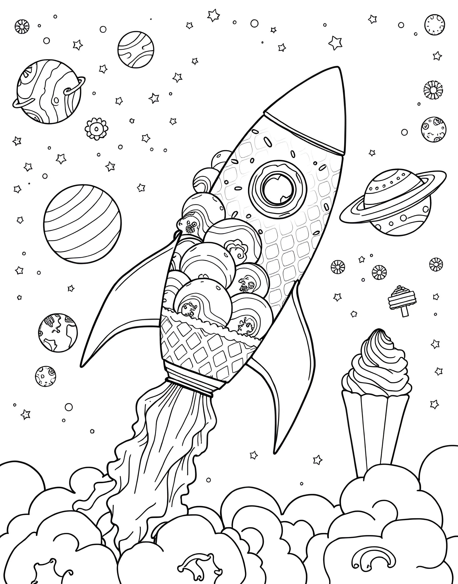 Ice Cream Cone Rocket Ship Coloring Page -- prompt: "A rocket ship made from an ice cream cone and scoops, blasting off into a starry sky with planets." -- Blast off to a world of sweet imagination with this ice cream cone rocket ship. The cone forms the body of the spacecraft, while scoops of ice cream create the nose cone. Stars and planets surround this delicious space explorer, offering a cosmic coloring adventure.