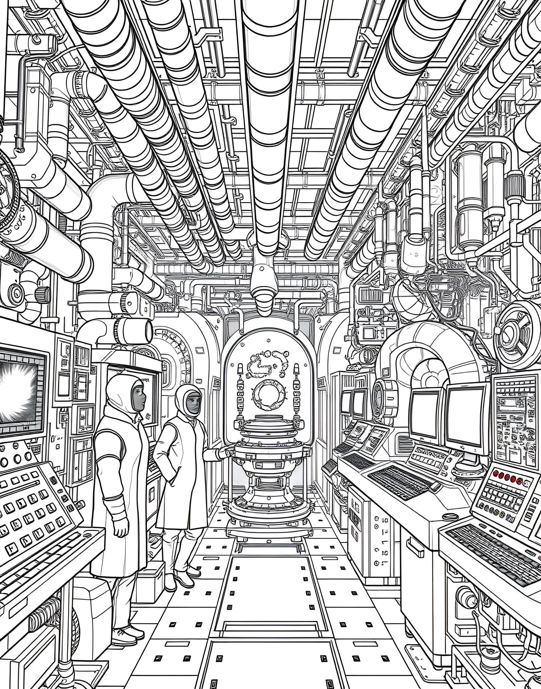 Antimatter Factory Coloring Page -- prompt: "A futuristic antimatter factory with scientists operating specialized equipment to create and contain antimatter." -- Delve into advanced physics with this antimatter factory coloring page. The high-tech facility shows the process of creating and containing antimatter, with specialized equipment and safety measures prominently displayed. Scientists monitor the delicate operations, highlighting the potential and dangers of this exotic form of matter.