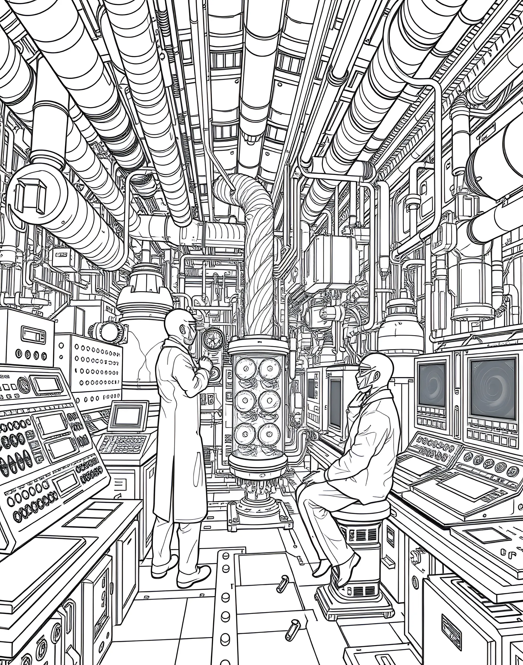 Antimatter Factory Coloring Page -- prompt: "A futuristic antimatter factory with scientists operating specialized equipment to create and contain antimatter." -- Delve into advanced physics with this antimatter factory coloring page. The high-tech facility shows the process of creating and containing antimatter, with specialized equipment and safety measures prominently displayed. Scientists monitor the delicate operations, highlighting the potential and dangers of this exotic form of matter.