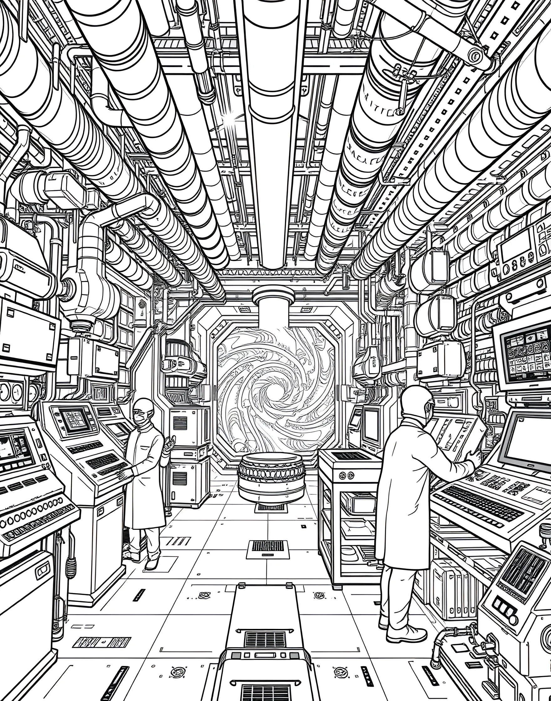 Antimatter Factory Coloring Page -- prompt: "A futuristic antimatter factory with scientists operating specialized equipment to create and contain antimatter." -- Delve into advanced physics with this antimatter factory coloring page. The high-tech facility shows the process of creating and containing antimatter, with specialized equipment and safety measures prominently displayed. Scientists monitor the delicate operations, highlighting the potential and dangers of this exotic form of matter.