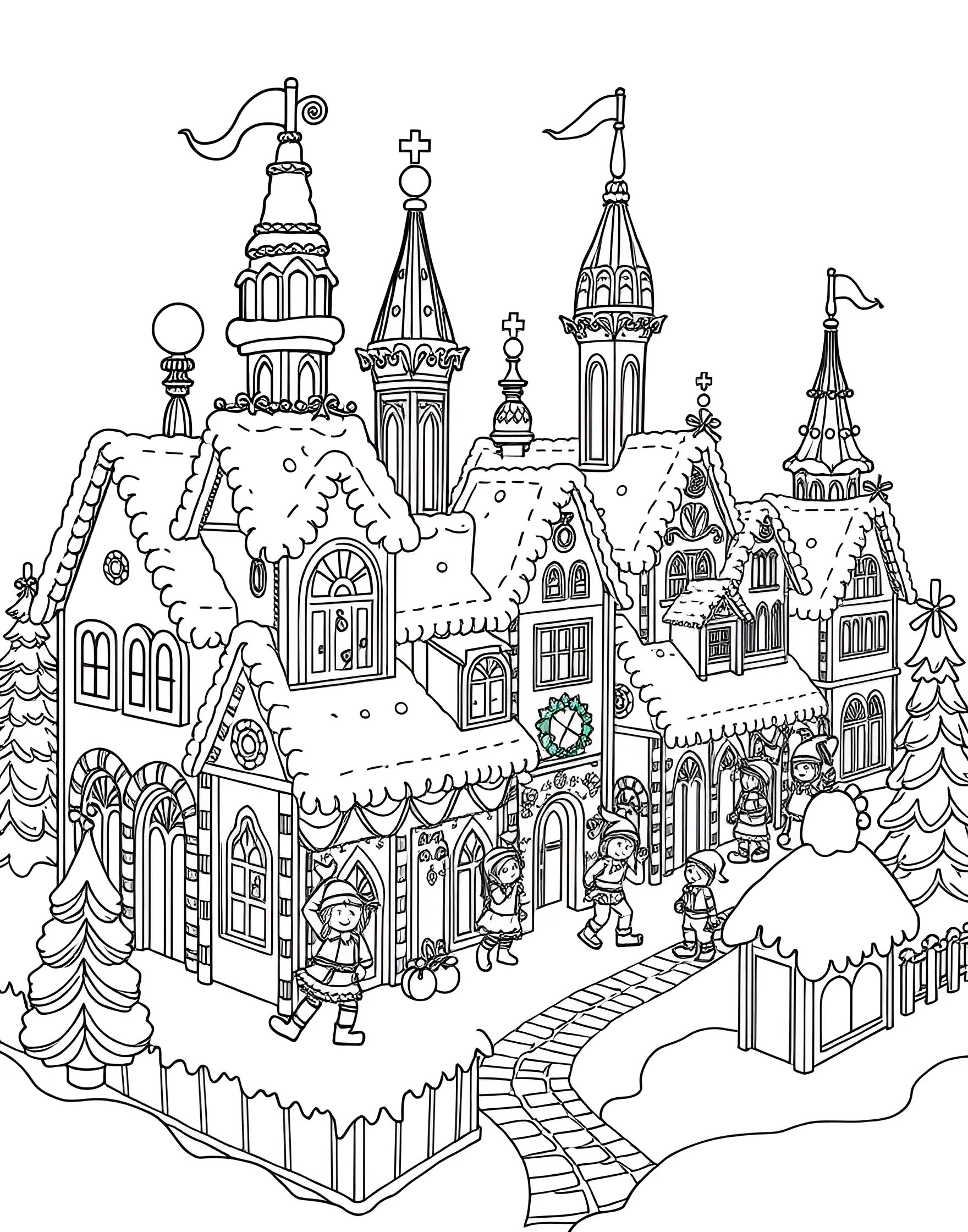 Gingerbread Architect's Dream Coloring Page -- prompt: "Elves constructing an elaborate gingerbread city with candy architectural elements." -- Marvel at the ultimate gingerbread construction in this imaginative coloring page. A team of elves, led by a gingerbread architect, builds an entire gingerbread city. Candy cane cranes lift gumdrop domes while chocolate bar roads are laid with precision.