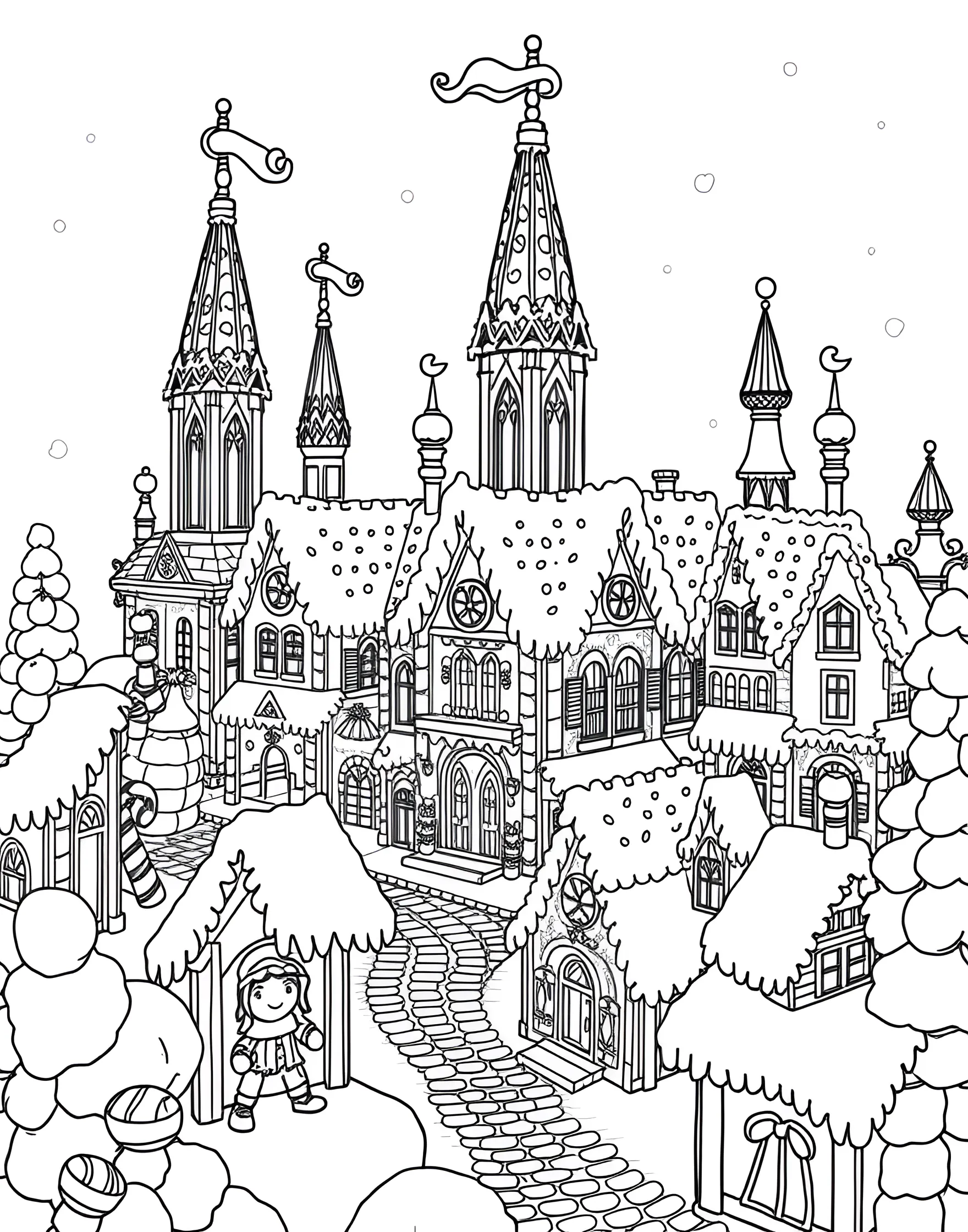 Gingerbread Architect's Dream Coloring Page -- prompt: "Elves constructing an elaborate gingerbread city with candy architectural elements." -- Marvel at the ultimate gingerbread construction in this imaginative coloring page. A team of elves, led by a gingerbread architect, builds an entire gingerbread city. Candy cane cranes lift gumdrop domes while chocolate bar roads are laid with precision.