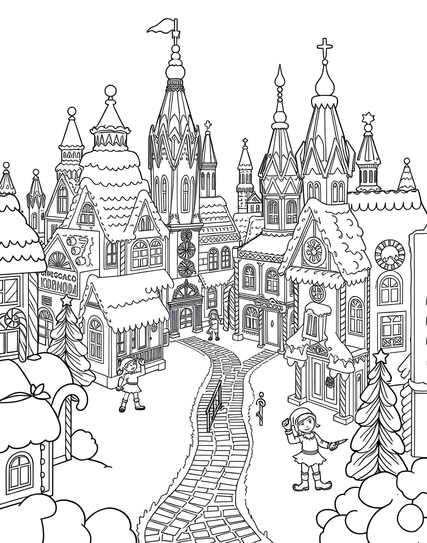 Gingerbread Architect's Dream Coloring Page -- prompt: "Elves constructing an elaborate gingerbread city with candy architectural elements." -- Marvel at the ultimate gingerbread construction in this imaginative coloring page. A team of elves, led by a gingerbread architect, builds an entire gingerbread city. Candy cane cranes lift gumdrop domes while chocolate bar roads are laid with precision.