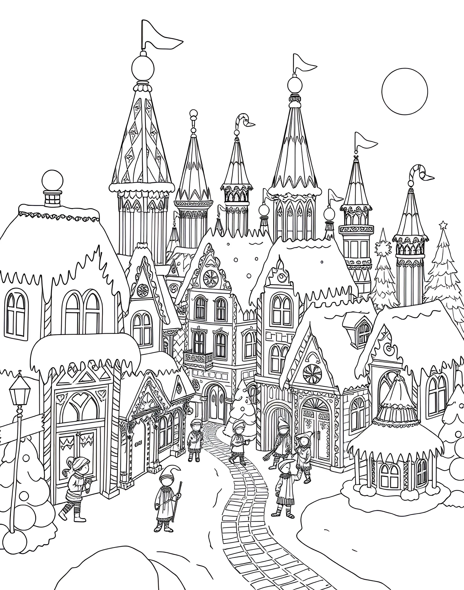 Gingerbread Architect's Dream Coloring Page -- prompt: "Elves constructing an elaborate gingerbread city with candy architectural elements." -- Marvel at the ultimate gingerbread construction in this imaginative coloring page. A team of elves, led by a gingerbread architect, builds an entire gingerbread city. Candy cane cranes lift gumdrop domes while chocolate bar roads are laid with precision.