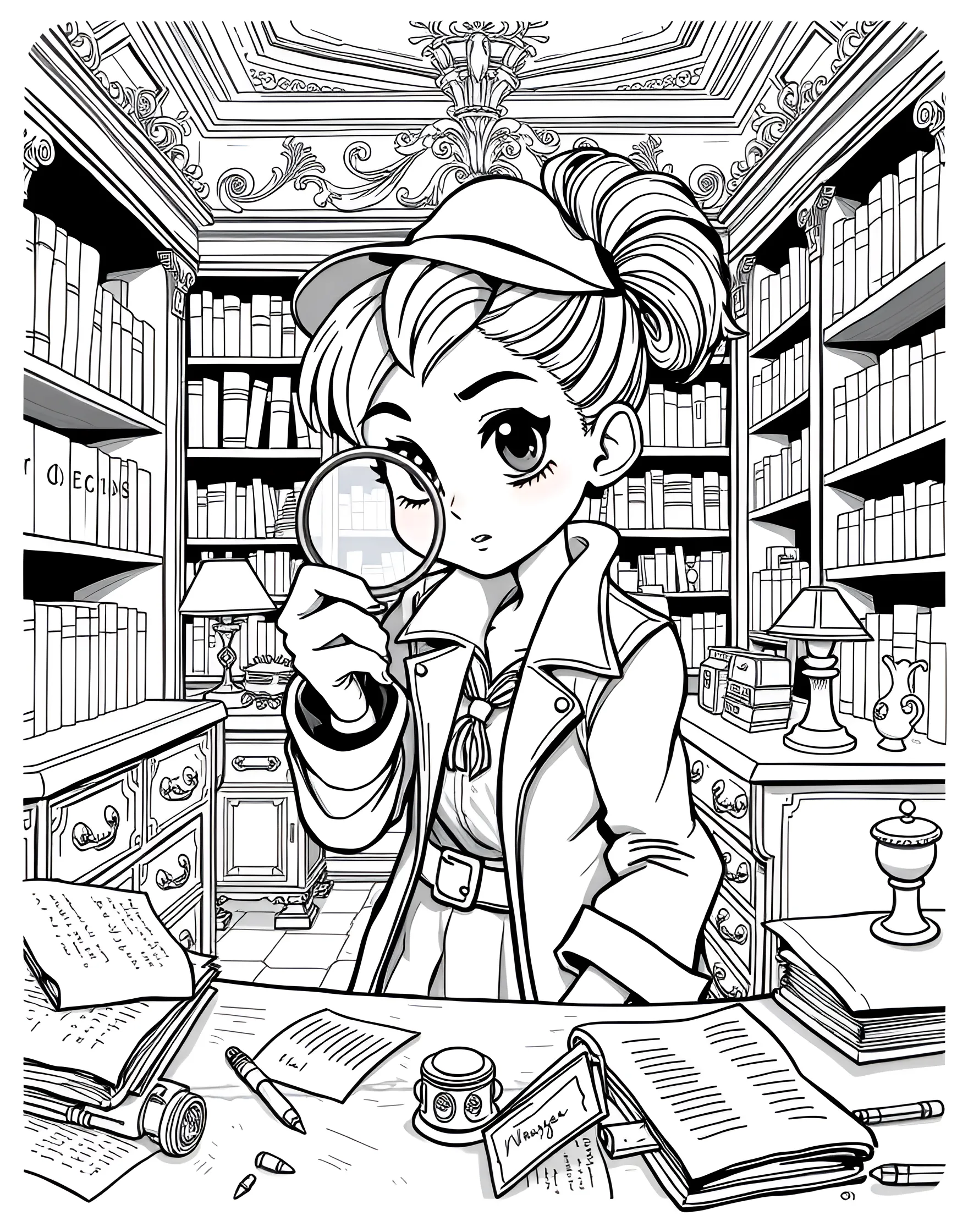 Girl Detective Solving Mysteries Coloring Page -- prompt: "A girl detective with a magnifying glass, investigating clues in a mysterious room." -- Channel your inner sleuth with this girl detective coloring page. She's shown with a magnifying glass, examining clues to solve her latest case. This page encourages problem-solving skills and a sense of adventure.