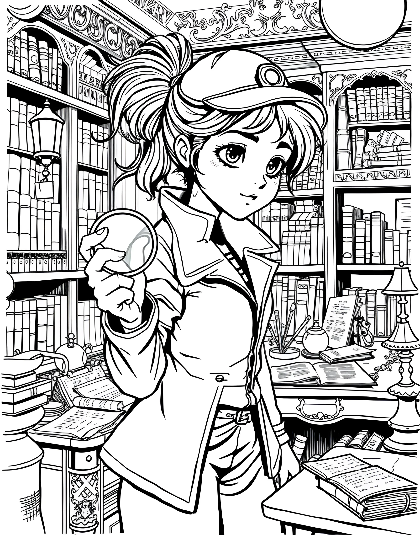 Girl Detective Solving Mysteries Coloring Page -- prompt: "A girl detective with a magnifying glass, investigating clues in a mysterious room." -- Channel your inner sleuth with this girl detective coloring page. She's shown with a magnifying glass, examining clues to solve her latest case. This page encourages problem-solving skills and a sense of adventure.