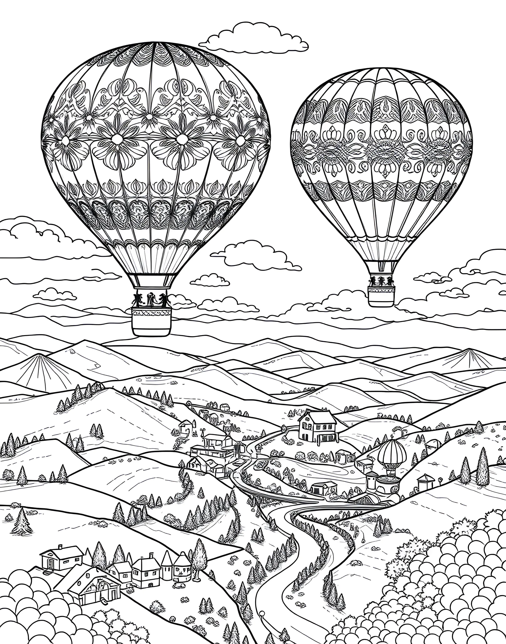 Vintage Hot Air Balloon Adventure Coloring Page -- prompt: "A scene with multiple vintage-style hot air balloons floating in the sky above a picturesque landscape." -- Embark on a whimsical journey with this vintage-inspired hot air balloon scene. The page depicts a sky filled with ornate hot air balloons of various shapes and sizes, floating above a charming landscape. As you color, let your imagination soar and bring this nostalgic adventure to life.