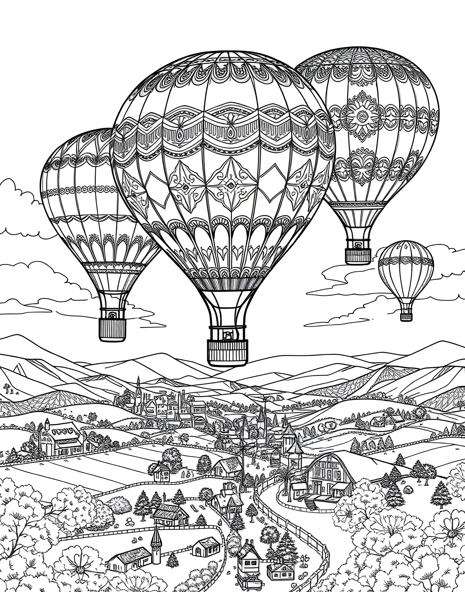 Vintage Hot Air Balloon Adventure Coloring Page -- prompt: "A scene with multiple vintage-style hot air balloons floating in the sky above a picturesque landscape." -- Embark on a whimsical journey with this vintage-inspired hot air balloon scene. The page depicts a sky filled with ornate hot air balloons of various shapes and sizes, floating above a charming landscape. As you color, let your imagination soar and bring this nostalgic adventure to life.