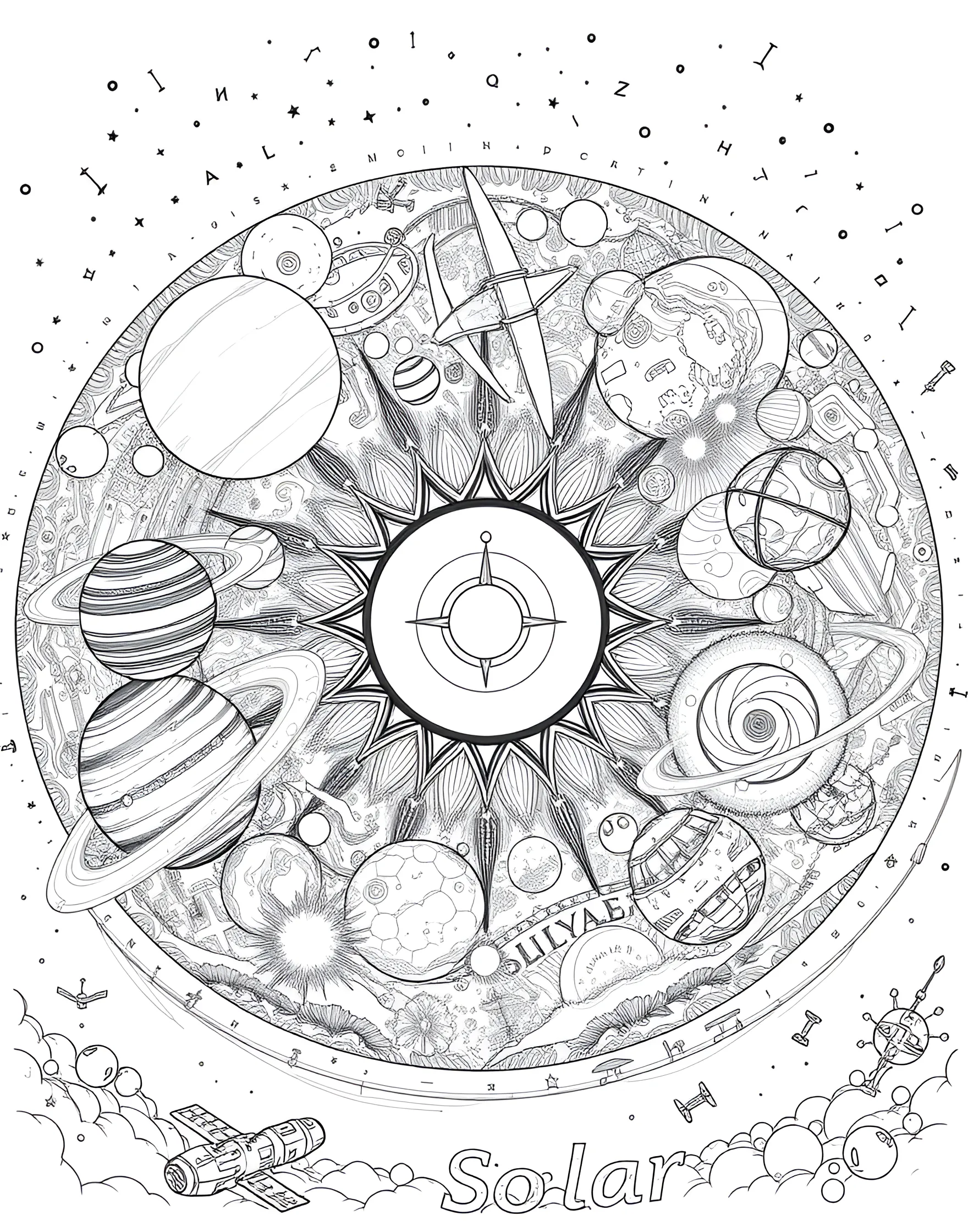 Solar System Adventure Coloring Page -- prompt: "The solar system with all planets aligned, including the sun, asteroids, and a few spacecraft exploring different areas." -- Embark on a journey through our solar system with this comprehensive coloring page. From the fiery sun at the center to the icy reaches of Pluto, each planet is represented in stunning detail. This page is not only fun to color but also educational, helping children learn about the order and characteristics of the planets.