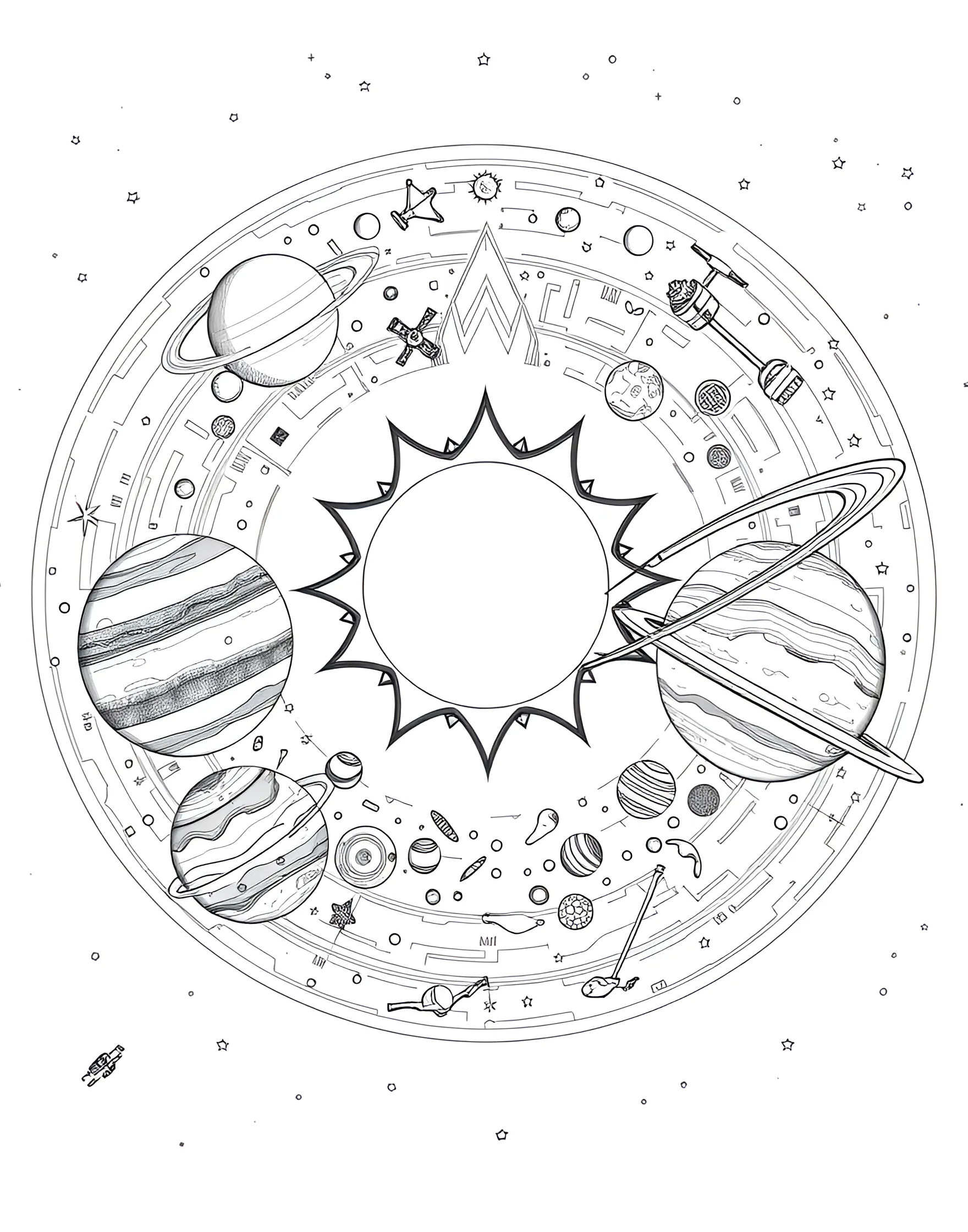 Solar System Adventure Coloring Page -- prompt: "The solar system with all planets aligned, including the sun, asteroids, and a few spacecraft exploring different areas." -- Embark on a journey through our solar system with this comprehensive coloring page. From the fiery sun at the center to the icy reaches of Pluto, each planet is represented in stunning detail. This page is not only fun to color but also educational, helping children learn about the order and characteristics of the planets.