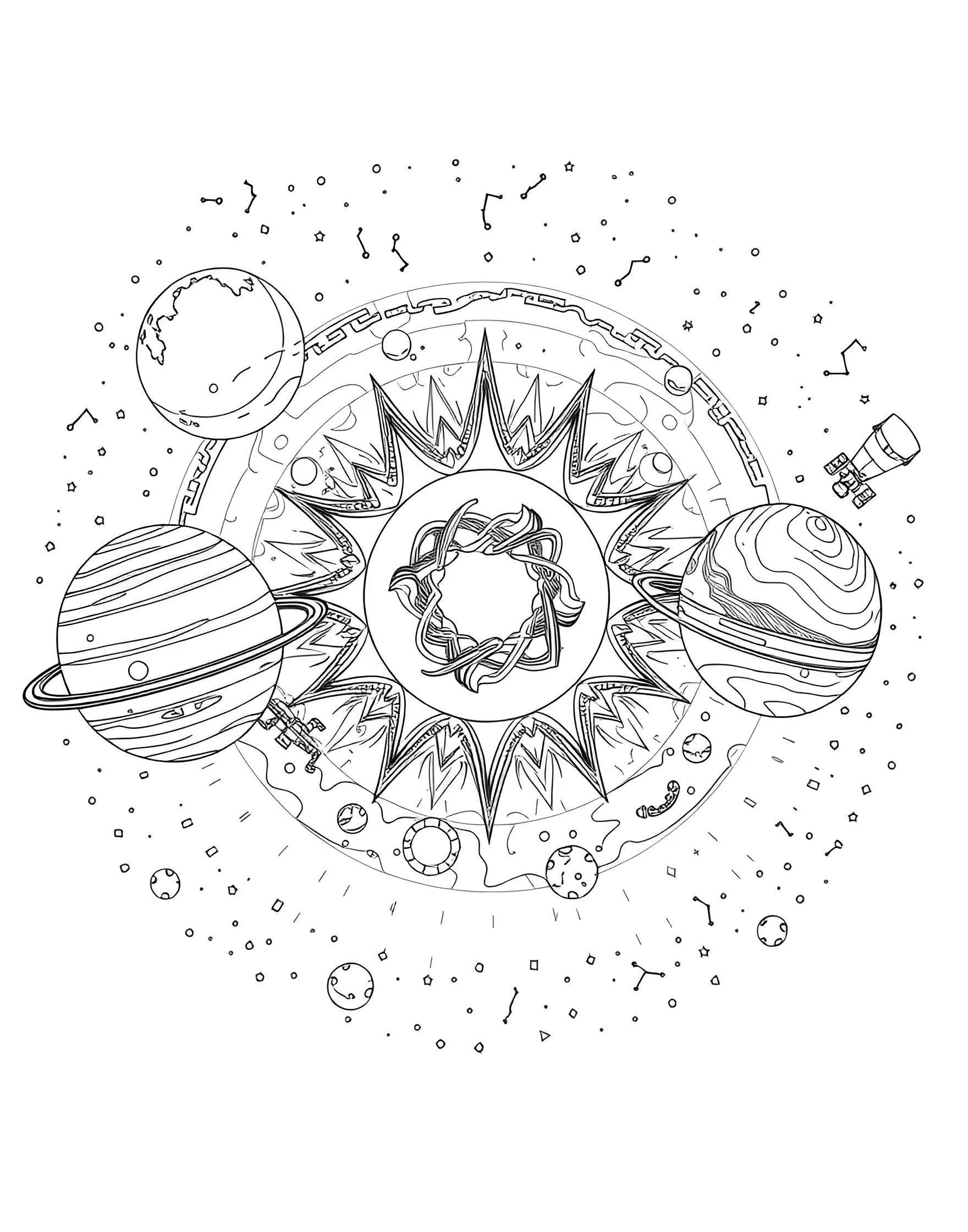 Solar System Adventure Coloring Page -- prompt: "The solar system with all planets aligned, including the sun, asteroids, and a few spacecraft exploring different areas." -- Embark on a journey through our solar system with this comprehensive coloring page. From the fiery sun at the center to the icy reaches of Pluto, each planet is represented in stunning detail. This page is not only fun to color but also educational, helping children learn about the order and characteristics of the planets.