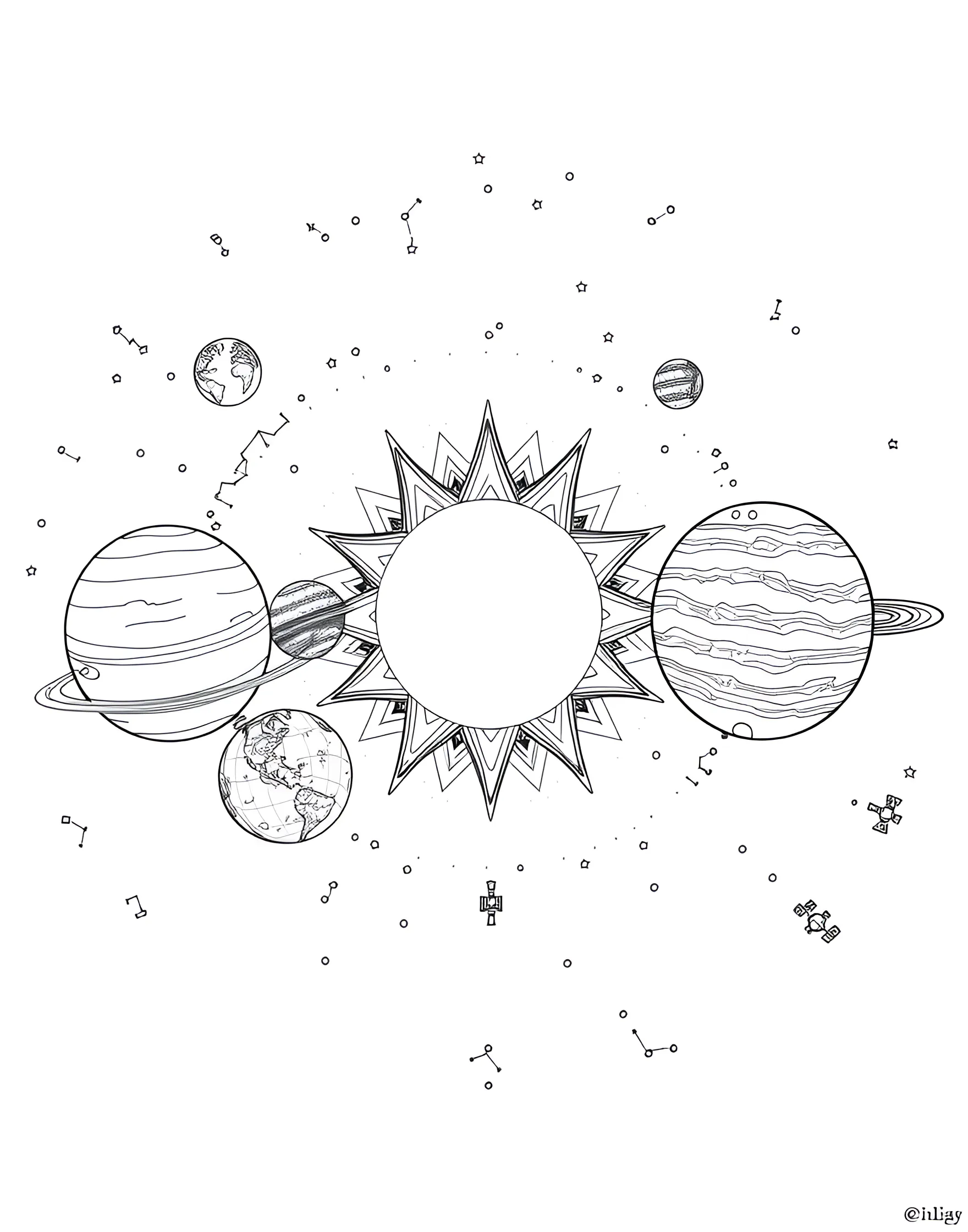 Solar System Adventure Coloring Page -- prompt: "The solar system with all planets aligned, including the sun, asteroids, and a few spacecraft exploring different areas." -- Embark on a journey through our solar system with this comprehensive coloring page. From the fiery sun at the center to the icy reaches of Pluto, each planet is represented in stunning detail. This page is not only fun to color but also educational, helping children learn about the order and characteristics of the planets.