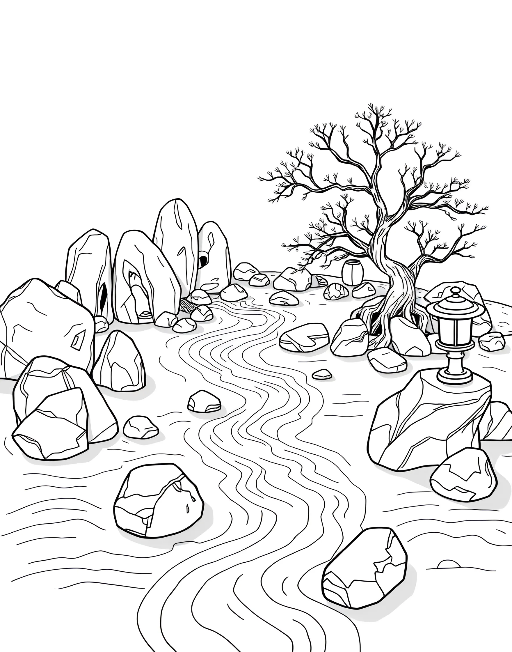 Zen Garden Landscape Coloring Page -- prompt: "A zen garden landscape featuring carefully arranged rocks, raked sand patterns, and minimalist plant elements, suitable for adult coloring." -- Find your inner peace with this serene zen garden landscape coloring page. Carefully arranged rocks, raked sand patterns, and minimalist plant elements create a tranquil scene. This design offers a soothing coloring experience that reflects the meditative nature of zen gardens.