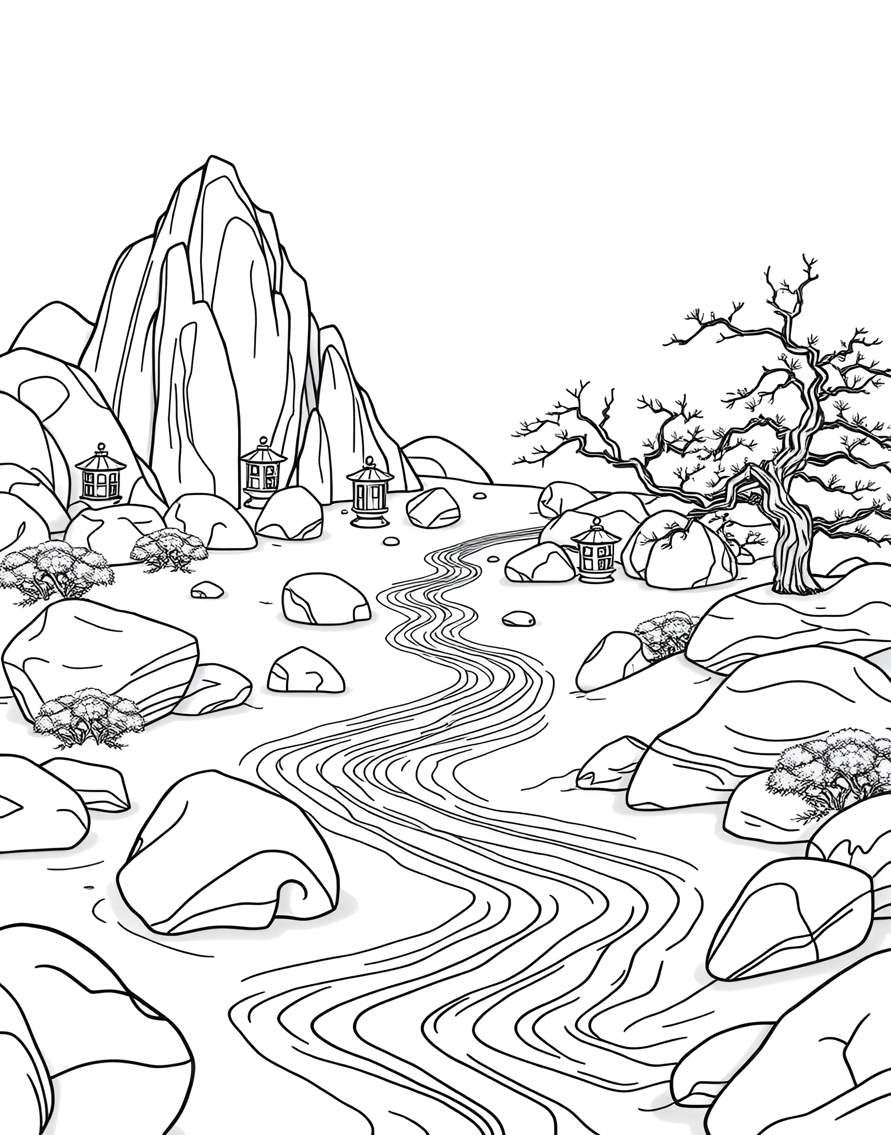 Zen Garden Landscape Coloring Page -- prompt: "A zen garden landscape featuring carefully arranged rocks, raked sand patterns, and minimalist plant elements, suitable for adult coloring." -- Find your inner peace with this serene zen garden landscape coloring page. Carefully arranged rocks, raked sand patterns, and minimalist plant elements create a tranquil scene. This design offers a soothing coloring experience that reflects the meditative nature of zen gardens.