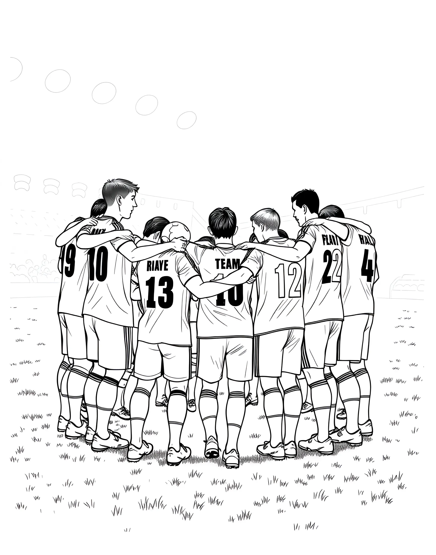 Soccer Team Huddle Coloring Page -- prompt: "A soccer team huddled together in a circle, arms around each other's shoulders." -- This heartwarming coloring page depicts a soccer team in a pre-game huddle. The players are shown with their arms around each other, symbolizing unity and team spirit. Their determined expressions convey the excitement before a big match.