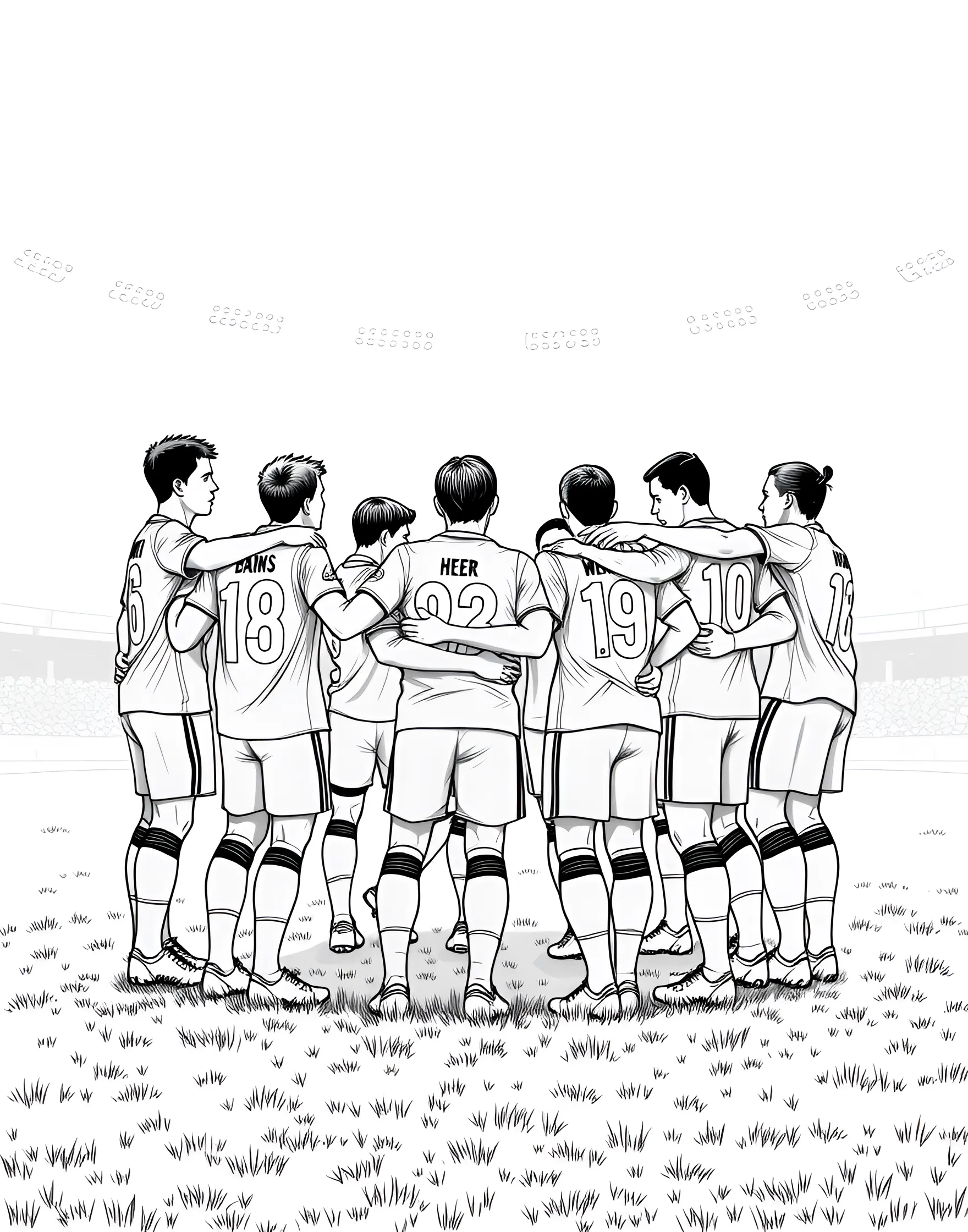 Soccer Team Huddle Coloring Page -- prompt: "A soccer team huddled together in a circle, arms around each other's shoulders." -- This heartwarming coloring page depicts a soccer team in a pre-game huddle. The players are shown with their arms around each other, symbolizing unity and team spirit. Their determined expressions convey the excitement before a big match.